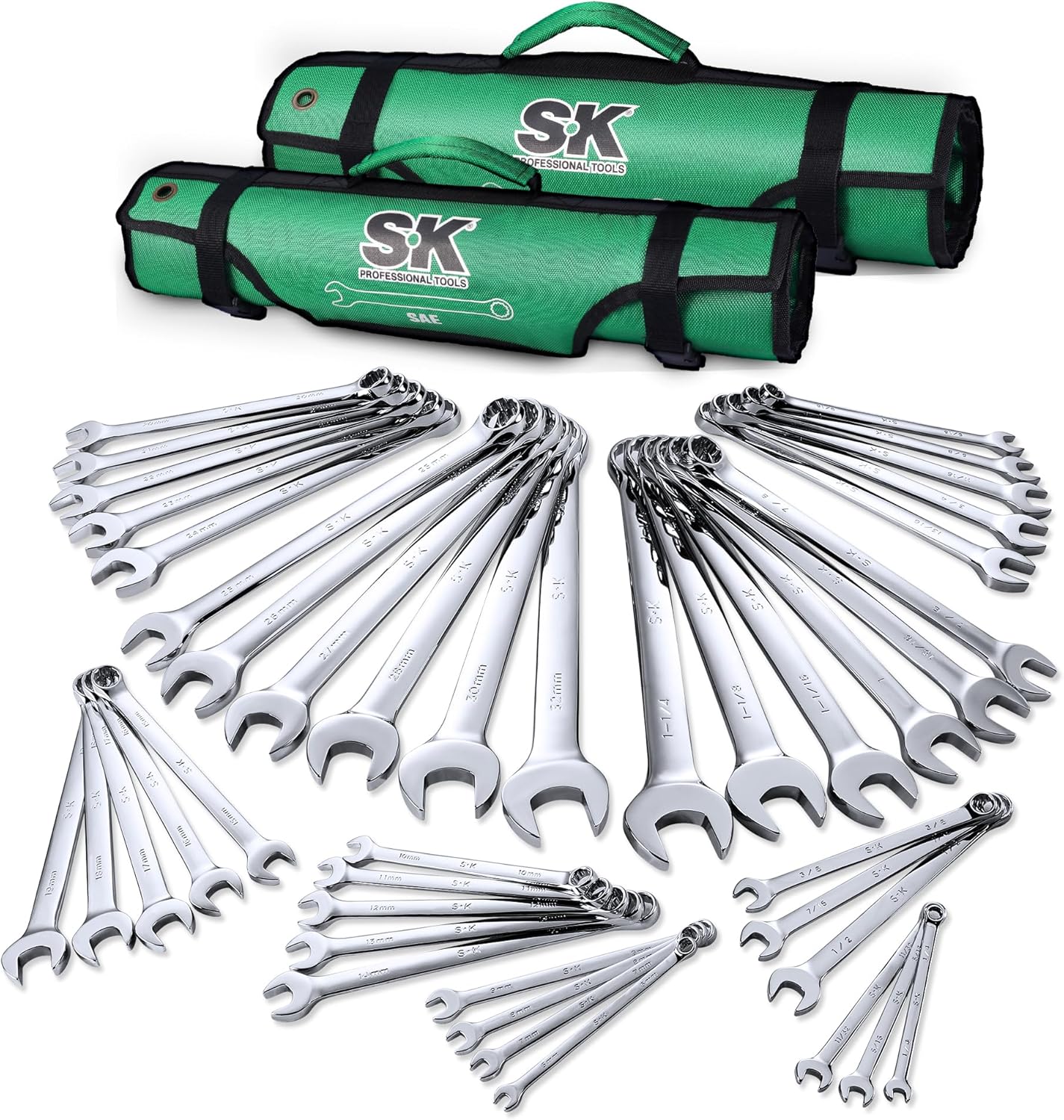 SK Combination Wrench Set, SAE 1/4" to 1-1/4", Metric 6 to 32mm, 42-Piece, SuperKrome Finish, Premium CR-V Construction, with Rolling Pouch