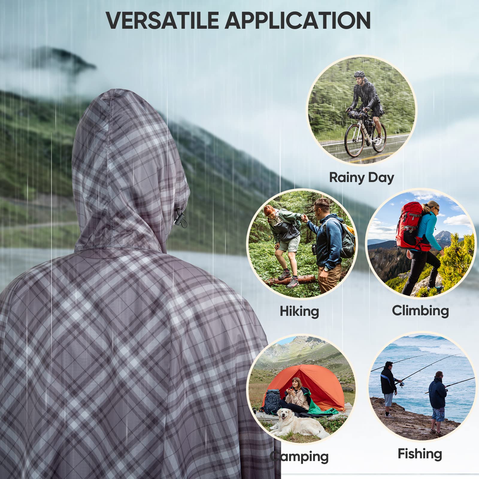 PTEROMY 3-in-1 Hooded Rain Poncho for Adult with Pocket, Waterproof Lightweight Unisex Raincoat for Hiking Camping Emergency
