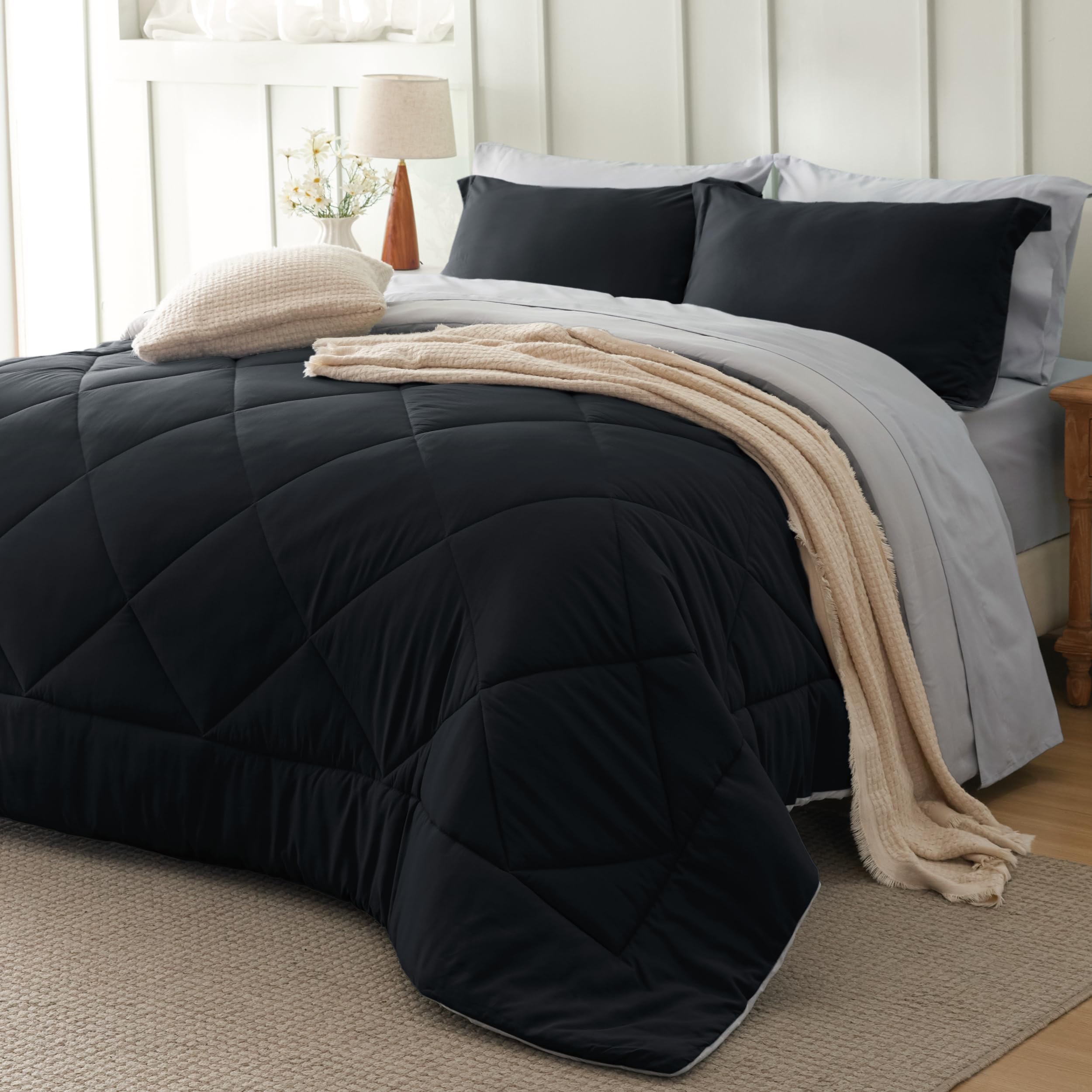 Bedsure Twin Comforter Set - 5 Pieces Reversible Grey Bedding, Twin Size Bed Set for All Seasons, Bed in a Bag with Down Alternative Comforter, Sheets, Pillowcase & Sham