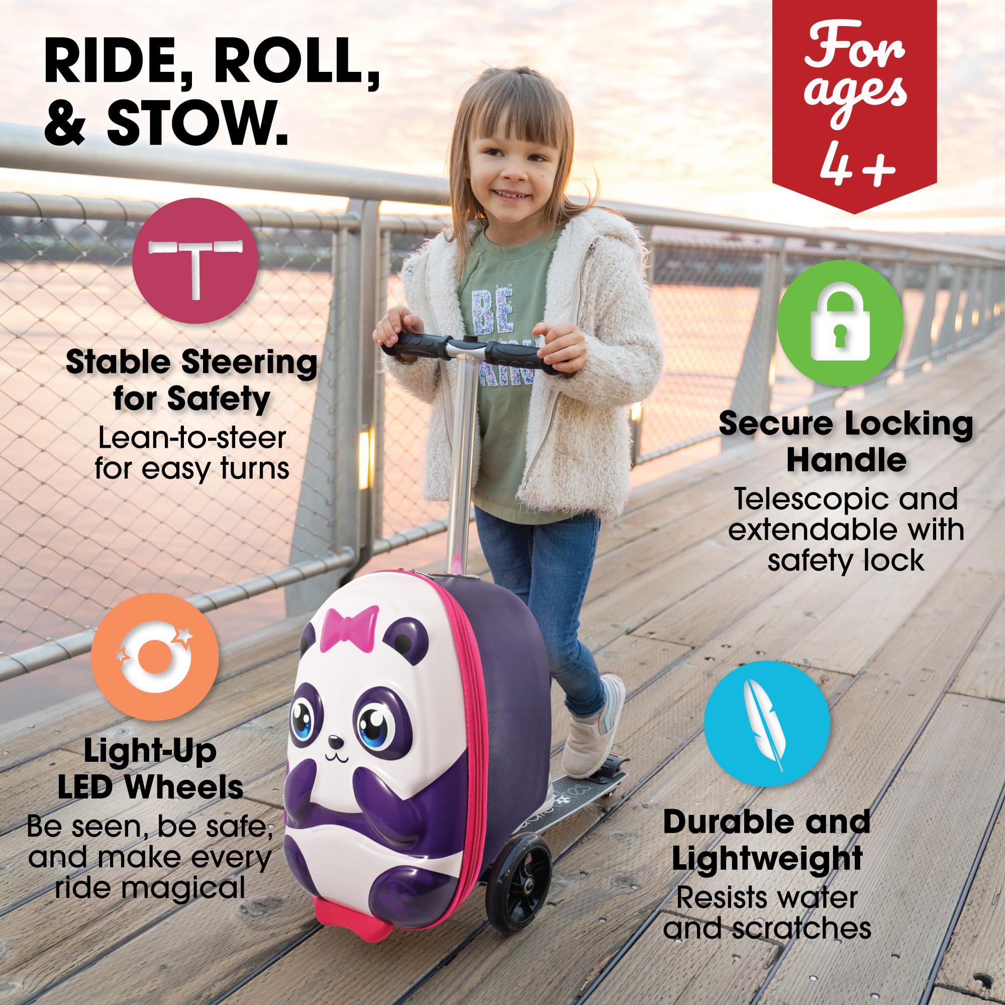 KIDDIETOTES Ride-On Scooter Suitcase for Kids – Hardside Lightweight Carry-On Luggage with Foldable Scooter, LED Wheels, Travel Fun for Toddlers & Children