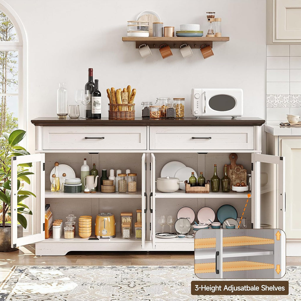 ONBRILL Buffet Cabinet with Storage, 60" Sideboard Cabinet with 4 Glass Doors and 2 Drawers, Modern Storage Console with Adjustable Shelves for Kitchen, Living Room, Off White