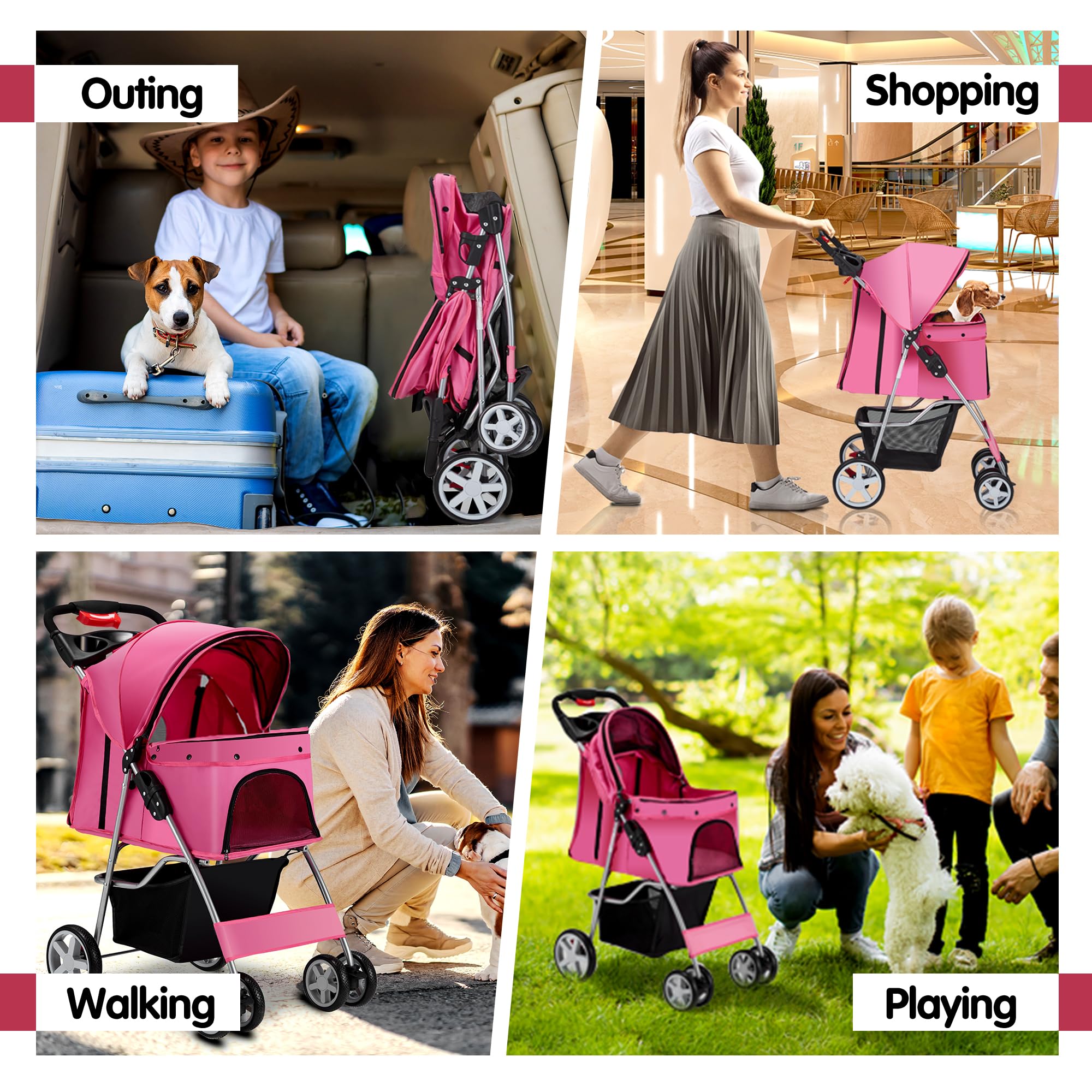 Pet Stroller, 4 Wheels Pet Strolling Cart for Medium/Small Dogs and Cats, Foldable Cat Jogger/Dog Stroller with Cup Holder, Storage Basket, Breathable Mesh, All-Season Pet Carrier, Black