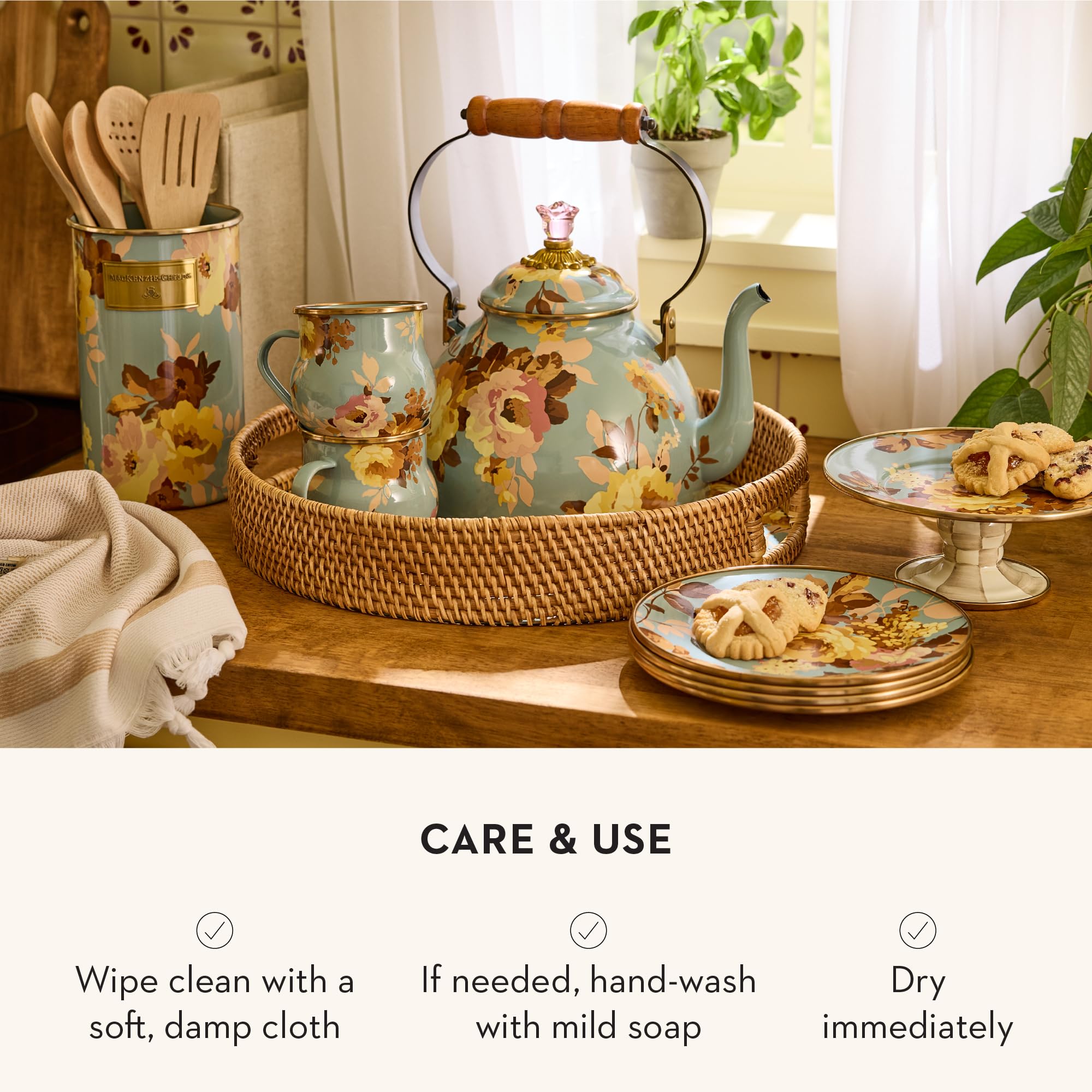 MACKENZIE-CHILDS Enamel Utensil Holder, Stylish Kitchen Countertop Organizer, Wild Rose Brown