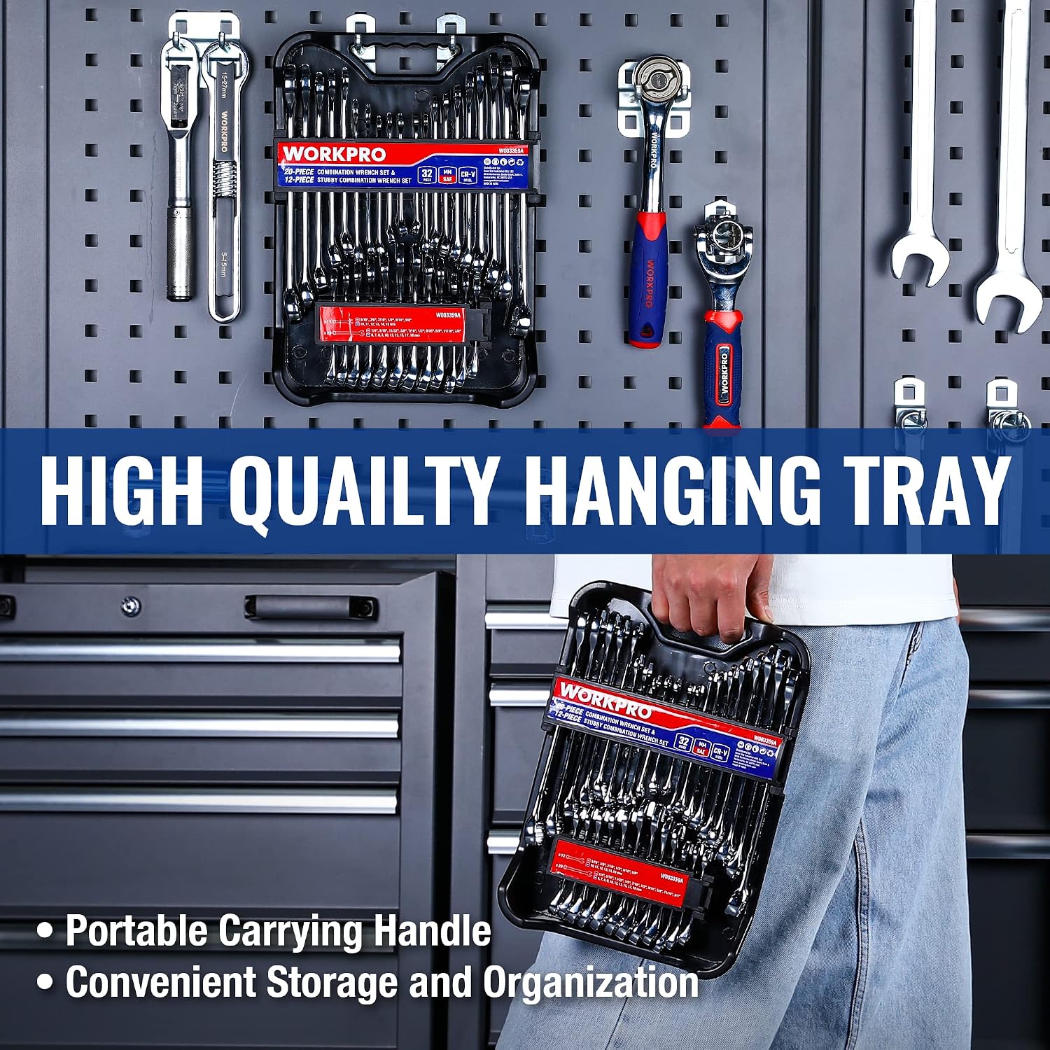 WORKPRO 32-Piece SAE & Metric Combination Wrenches Set, 20-Piece Standard wrenches and 12-Piece Stubby Wrenches with Organizer Tray, Cr-V Steel Mirror Chrome Polished