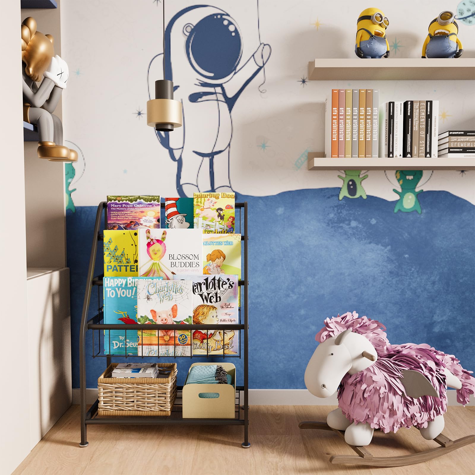 aboxoo Metal Kids Bookshelf Black Large Freestanding for Children Room 32 in Toy Organizer Large Stable Bookcase Bookstore Library Book Unit Storage Kids Bed Living Room