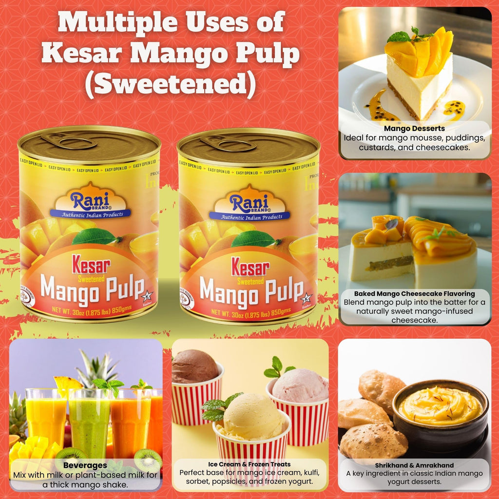Rani Mango Pulp Puree (Makes Mango Lassi Shakes) Alphonso Sweetened 30oz (1.875lbs) 850g ~ Kosher | All Natural | NON-GMO | Vegan | No colors | Gluten Friendly | Indian Origin