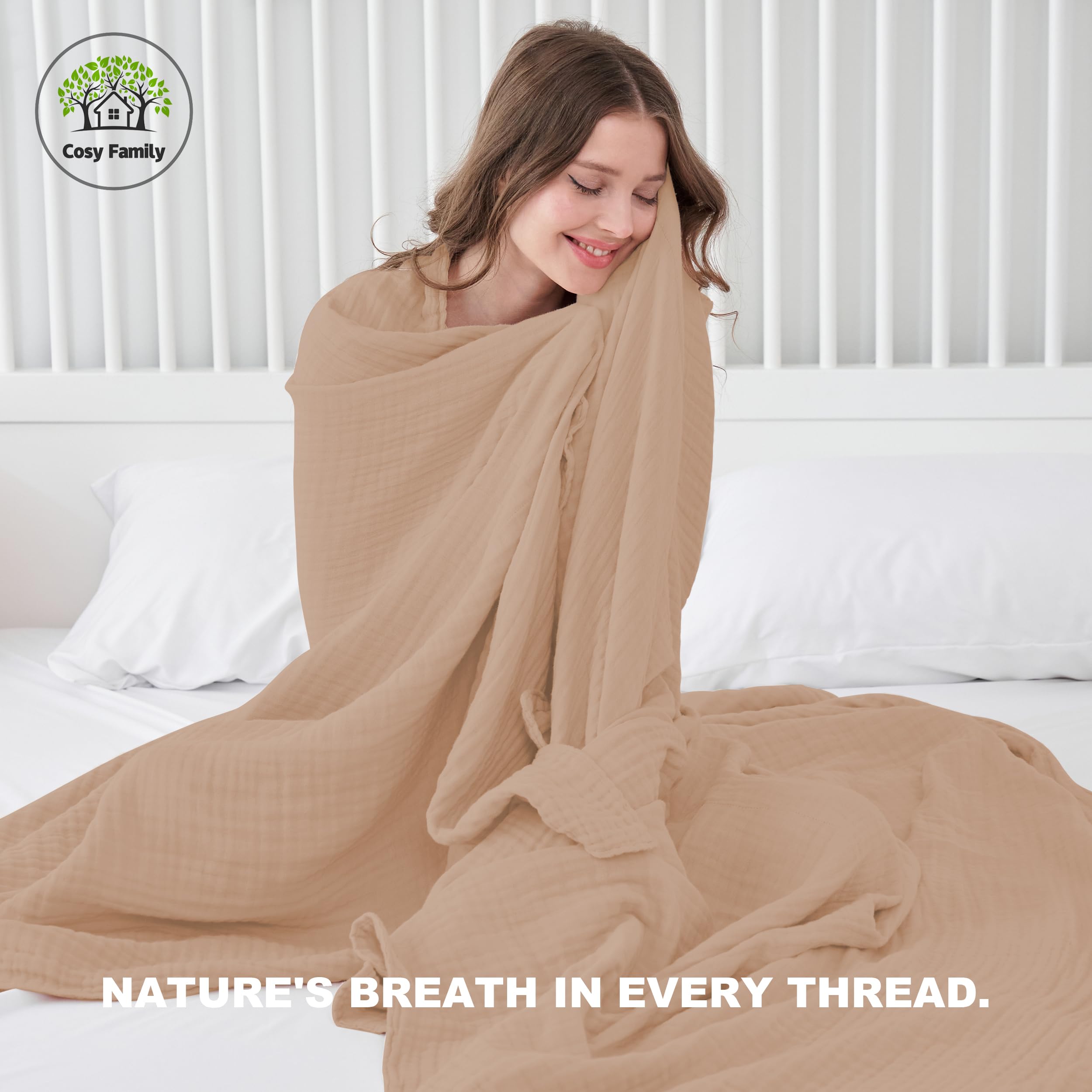 Cosy Family 4 Layer Muslin Bed Blanket - Breathable and Lightweight Gauze Boho Blanket for Spring, Soft 100% Cotton Muslin Blanket, Brown, 55x80 Inches