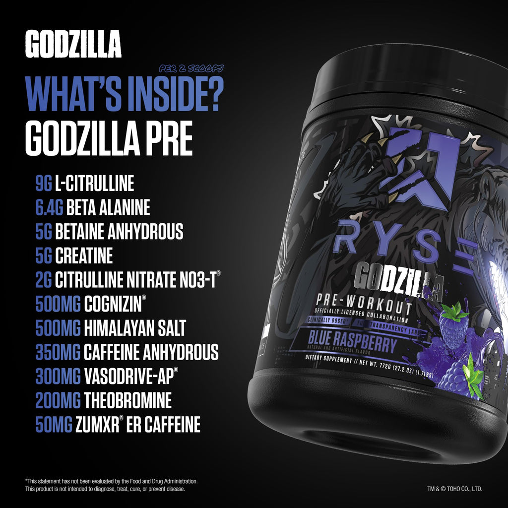 RYSE Godzilla X Noel Deyzel Pre Workout Powder - BlackBerry Lemonade - 400mg Caffeine, High Stim Pre-Workout for Men & Women with Citrulline & Beta Alanine - Energy, Pump & Focus - 20/40 Servings