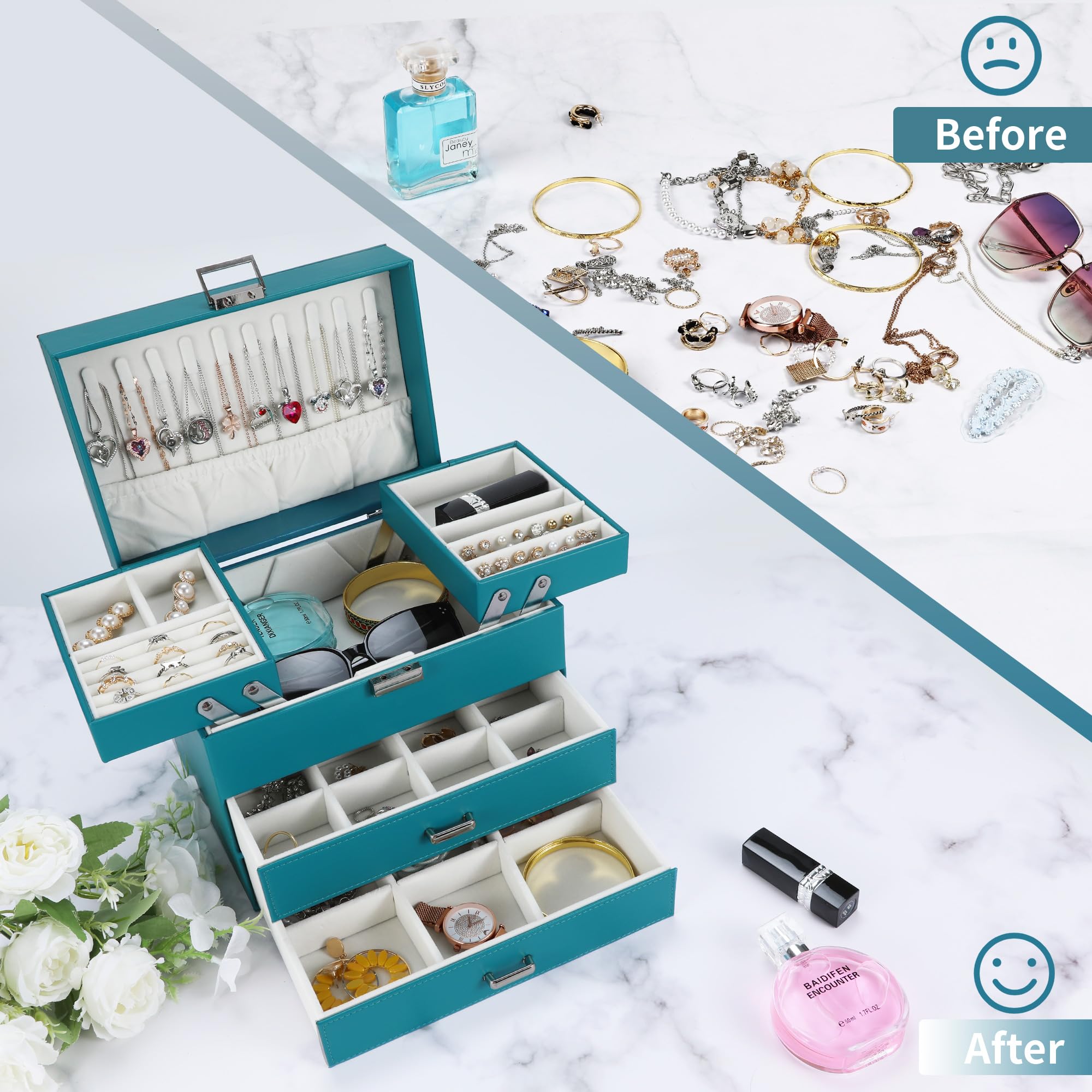 Dajasan Jewelry Organizer Box, Large Jewelry Boxes for Women Girls, Space-Saving 4 Layers Jewelry Storage Case with Drawer, Movable Metal Stand, Modern, Gift Idea (Green)