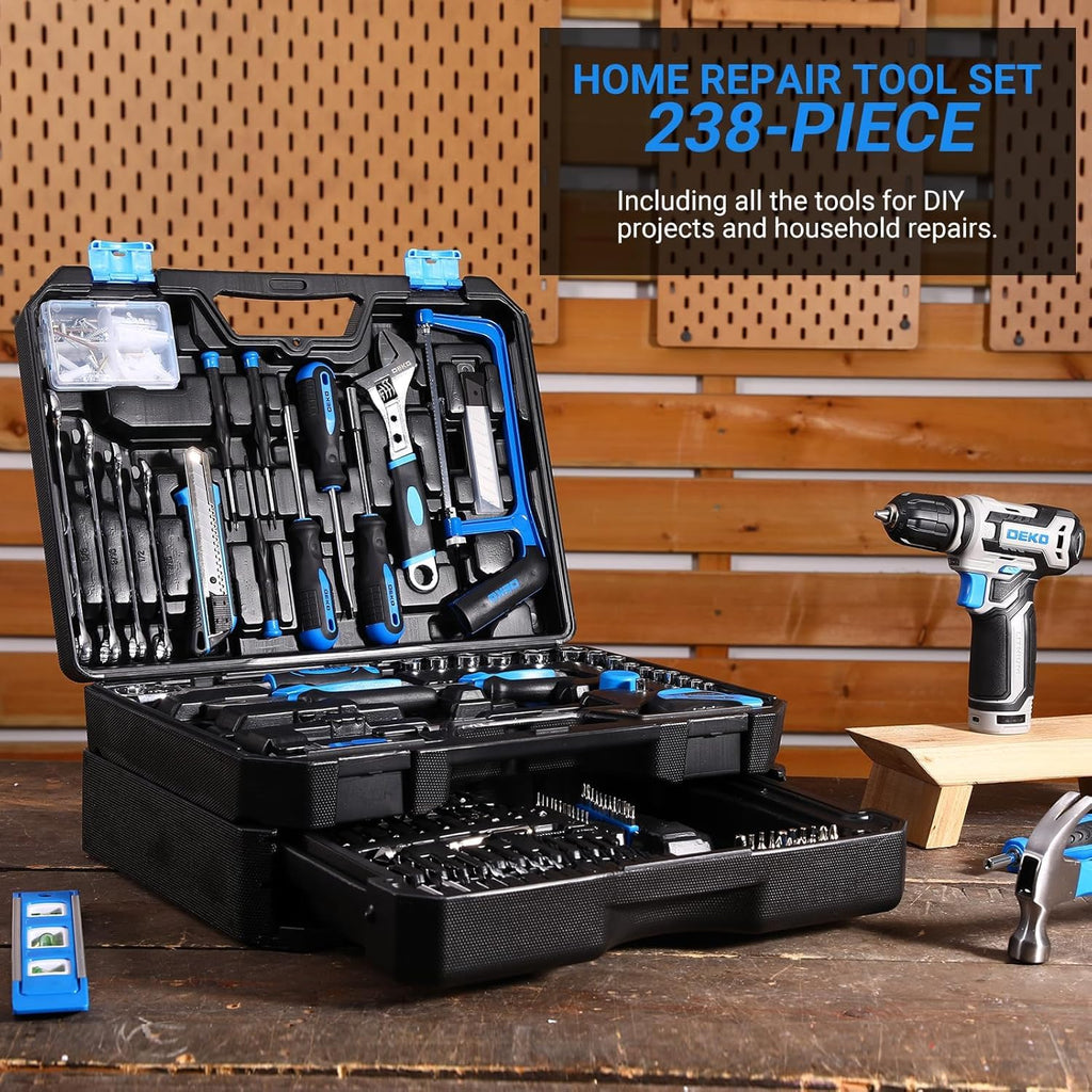 Tool Set: Tool Kit with 12V Cordless Drill, Hand Toolbox with storage case, Mechanic Tool set for Home Repairs, Green