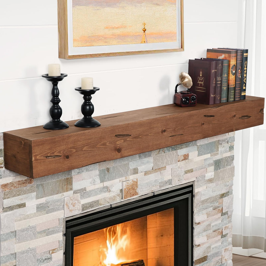 G GOOD GAIN Fireplace Mantel 54inch - Handmade Rustic Wood Mantel for Over Fireplace | Wall Mounted Floating Mantle Shelves for Living Room Decor(Chocolate, 54Lx5Hx8D)