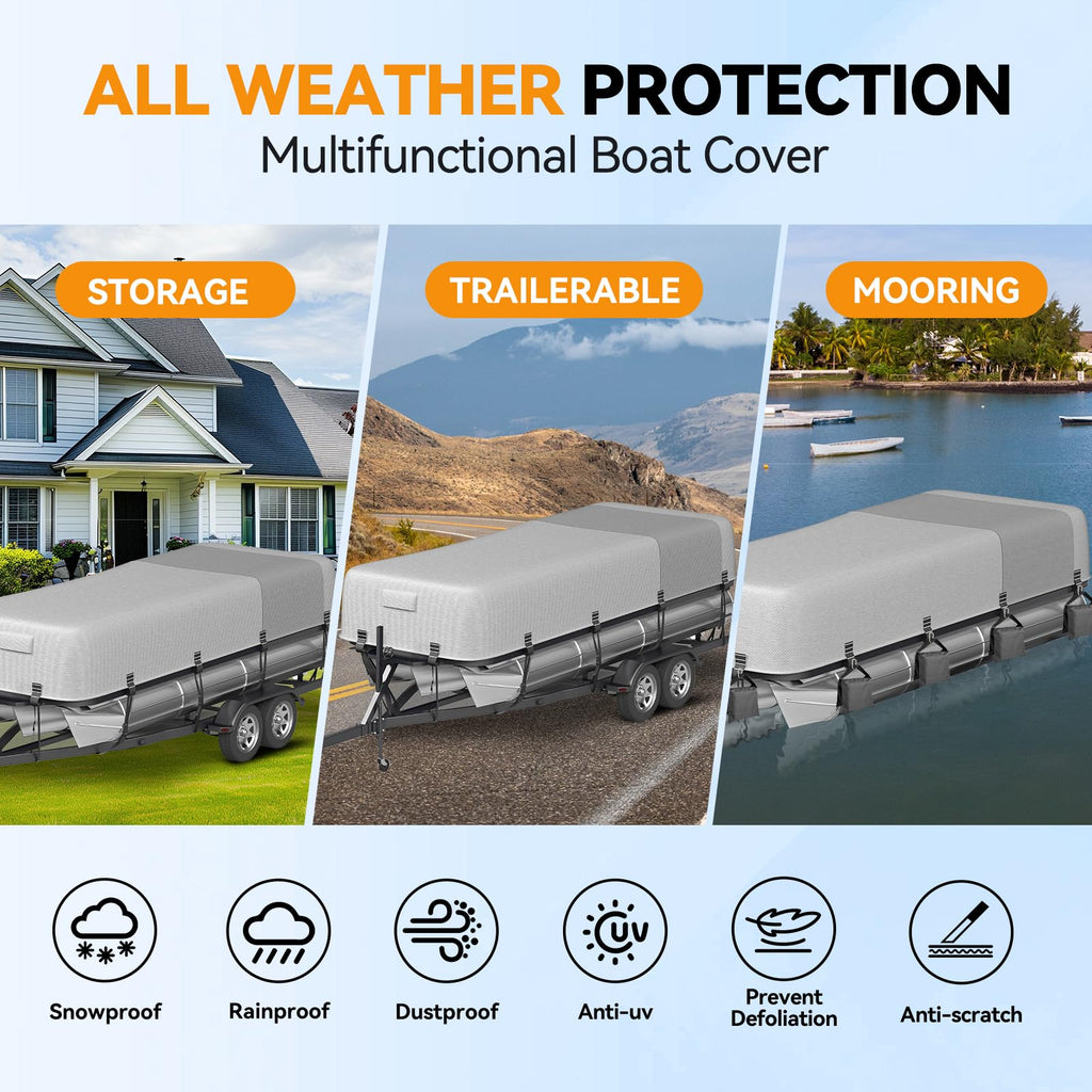 5-Ply 1600D+1200D Pontoon Boat Cover - Fully Waterproof & Ultra-Durable Tear-Resistant, with Large Storage Bag & Reinforced Windproof Straps (Fits 17'-20' Length,102" Width)