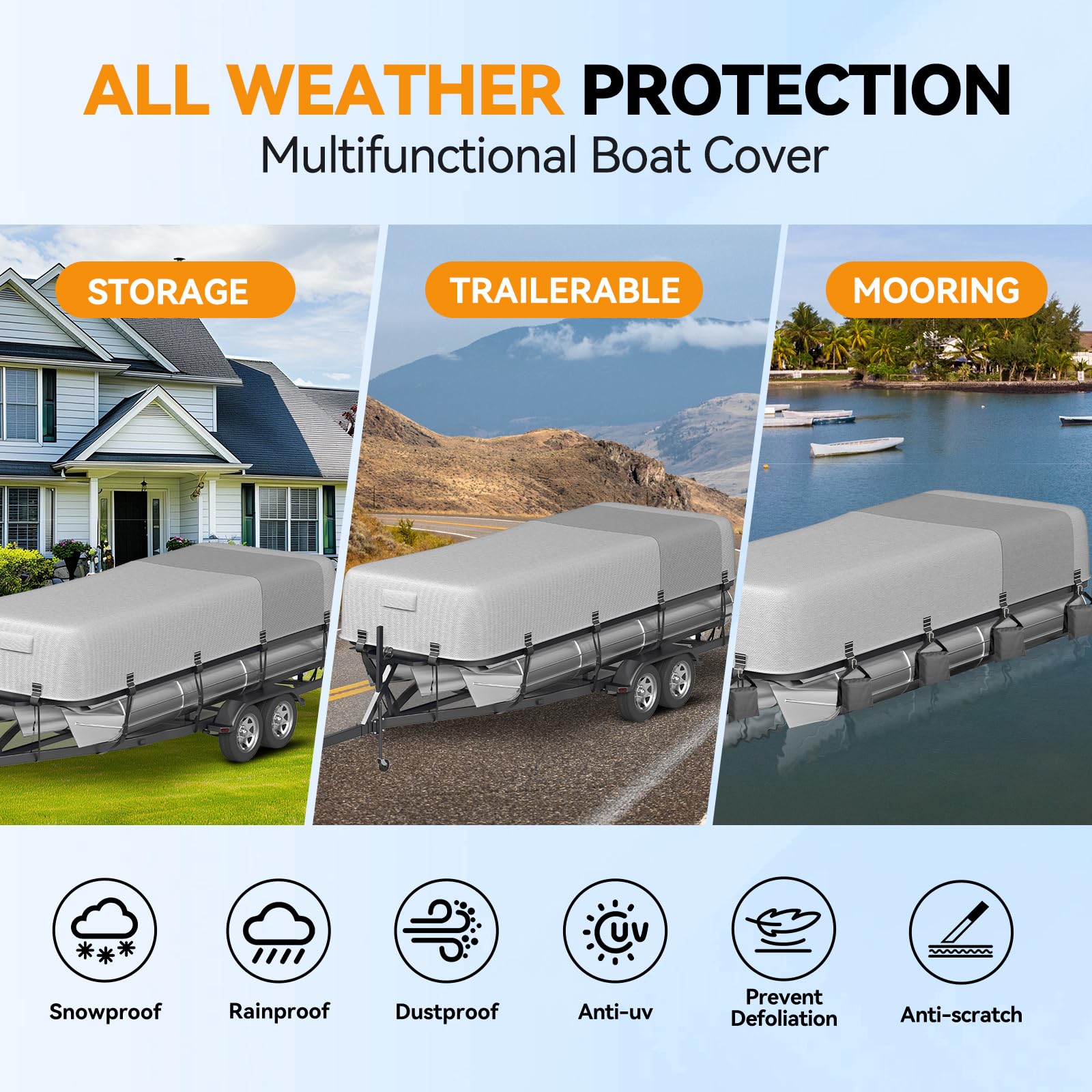 5-Ply 1600D+1200D Pontoon Boat Cover - Fully Waterproof & Ultra-Durable Tear-Resistant, with Large Storage Bag & Reinforced Windproof Straps (Fits 17'-20' Length,102" Width)