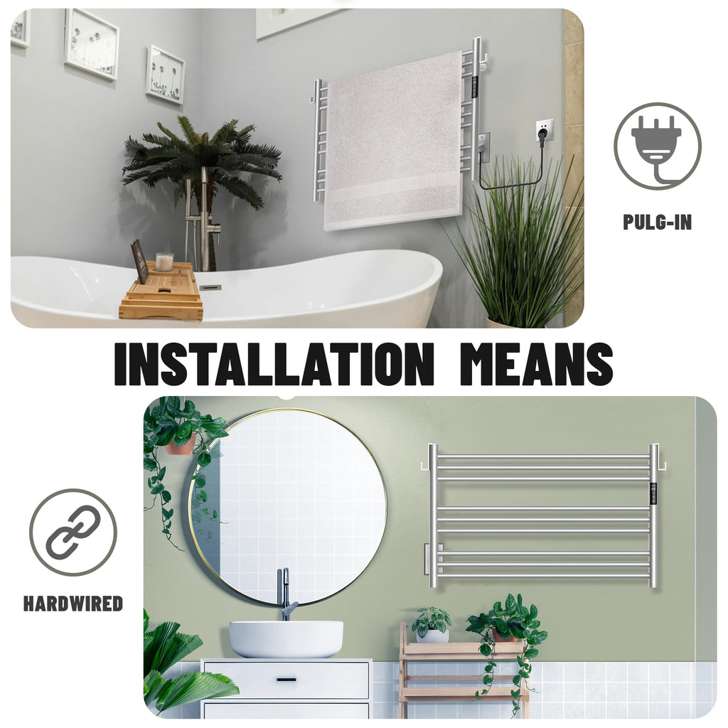 K&KALONZO Wall-Mounted 9-Bar Heated Towel Rack, Fast Heat in 2 Min, NTC Safety | 4 Timers & 3 Heat Levels Control, Plug-In/Hardwired, Top Hooks, Memory Function, Anti-Scald, Stainless Steel, EL13ML