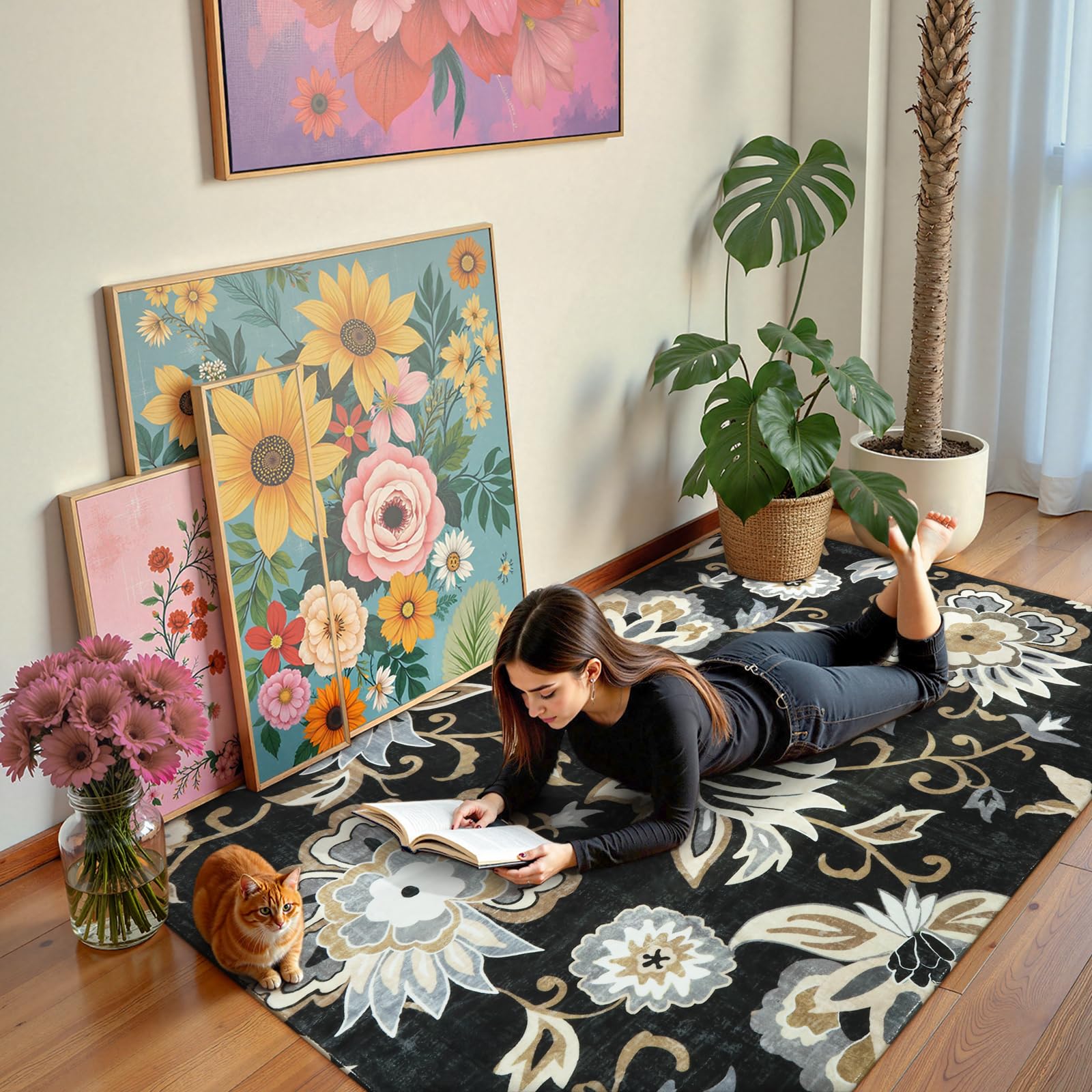 Lahome Floral Washable Area Rugs - 2x3 Non-Slip Small Entryway Rug Indoor, Throw Stain Resistant Kitchen Rugs Soft Black Paisley Print Bathroom Mats DoorMat Carpet for Bedroom Laundry Living Room Sink