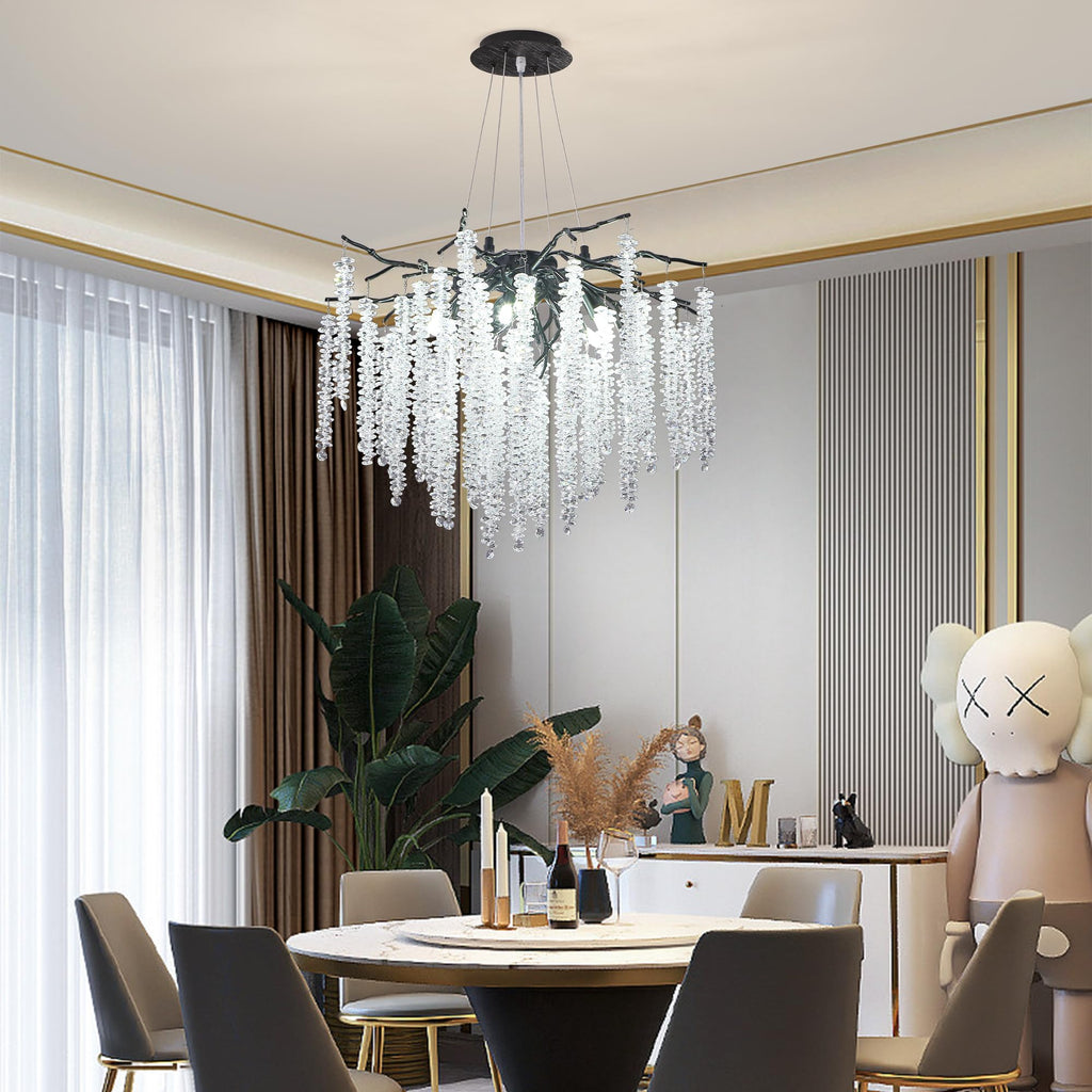 Modern Crystal Raindrop Chandelier, L40'' Black Linear Rectangle Art Deco Tree Branch Lighting Fixture for Kitchen Island Living Room Foyer Staircase 10 Lights
