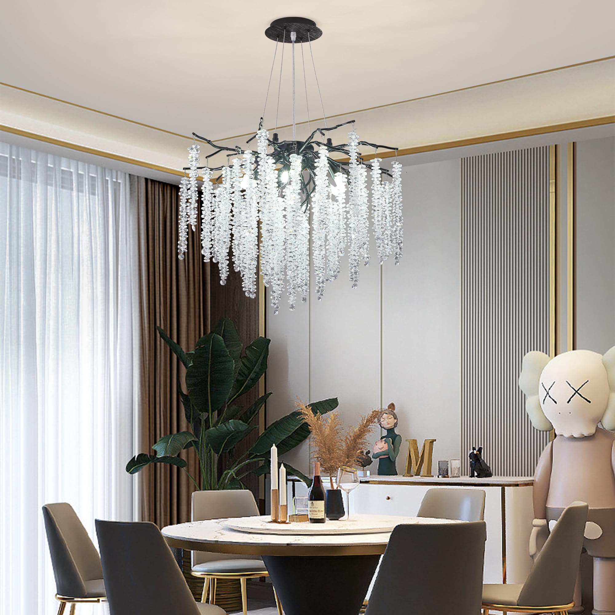 Modern Crystal Raindrop Chandelier, L40'' Black Linear Rectangle Art Deco Tree Branch Lighting Fixture for Kitchen Island Living Room Foyer Staircase 10 Lights