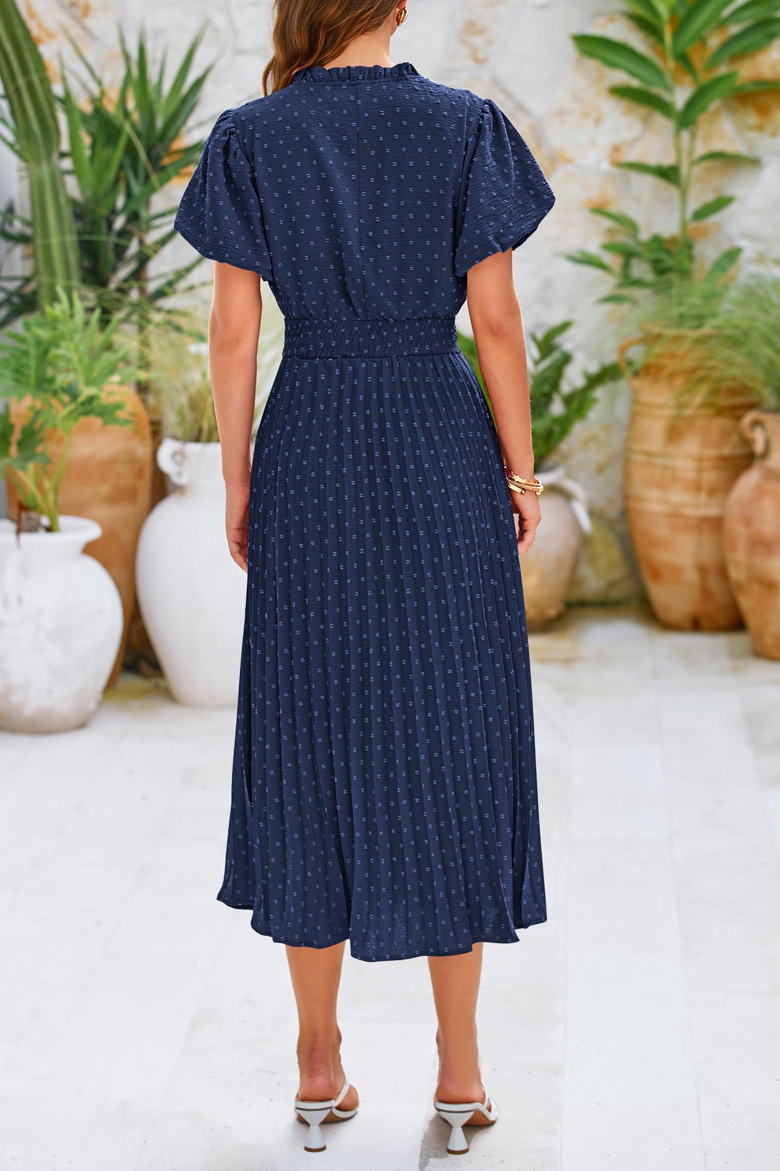 PRETTYGARDEN Womens Summer Midi Dresses Puff Short Sleeve V Neck Swiss Dot Pleated A Line Flowy Long Wedding Guest Dress