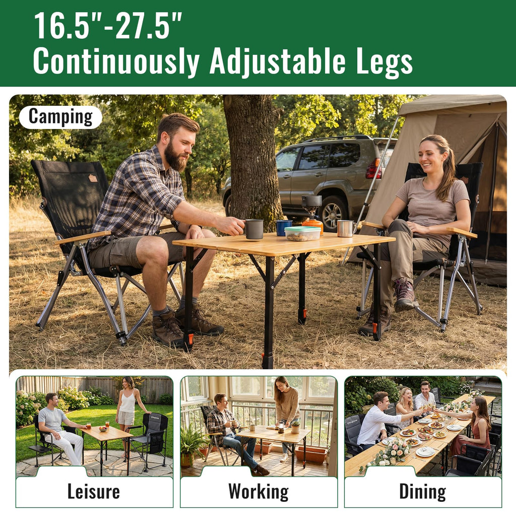 KingCamp Bamboo Folding Table, 4-Fold Camping Adjustable Height Portable Outdoor Lightweight & Compact Table with Aluminum Frame for RV Picnic BBQ Tailgating