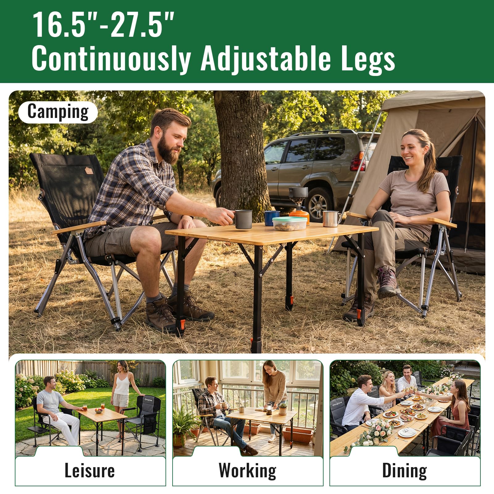 KingCamp Bamboo Folding Table, 4-Fold Camping Adjustable Height Portable Outdoor Lightweight & Compact Table with Aluminum Frame for RV Picnic BBQ Tailgating