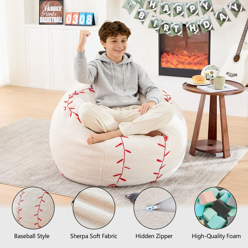 Sports Baseball Bean Bag Chair - Luxurious Bean Bag Chairs for Kids Teens Adults - Floor Sofa Couch with Filler - Plush BeanBag Furniture for Living Room Bedroom College Dorm - 32 Inch