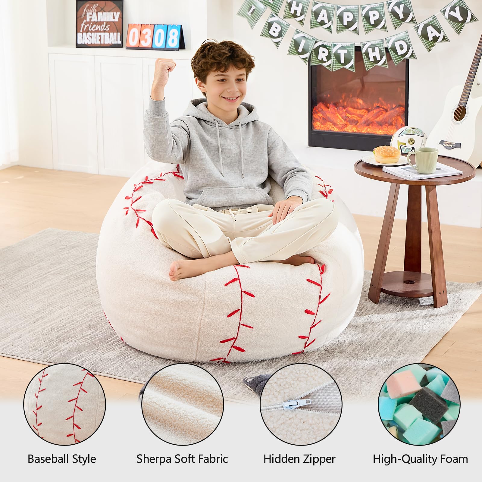 Sports Baseball Bean Bag Chair - Luxurious Bean Bag Chairs for Kids Teens Adults - Floor Sofa Couch with Filler - Plush BeanBag Furniture for Living Room Bedroom College Dorm - 32 Inch
