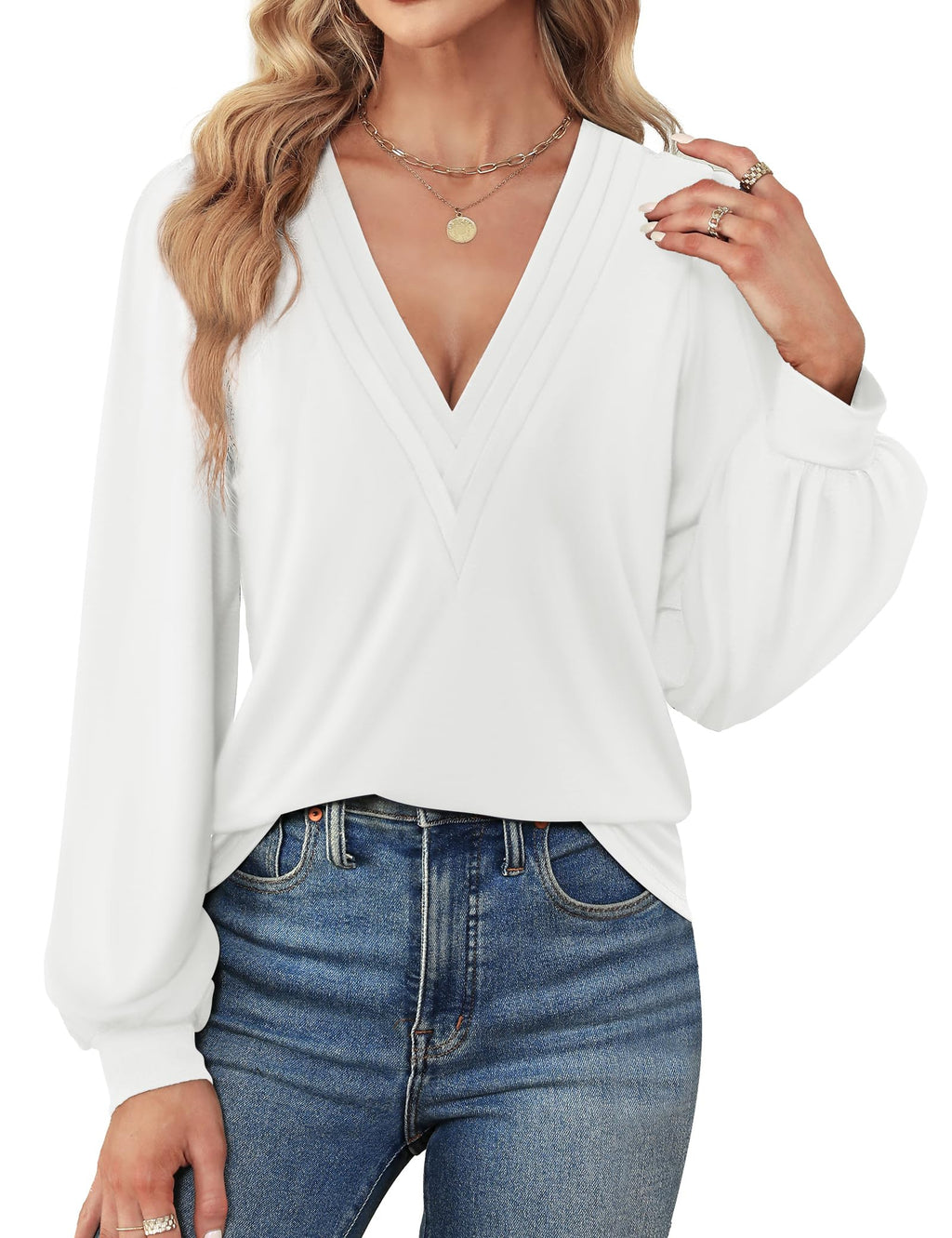Agnes Urban Womens V Neck Long Sleeve Tops Dressy Casual Fall Shirts Puff Sleeve Loose Tunic Trendy Tops Blouses