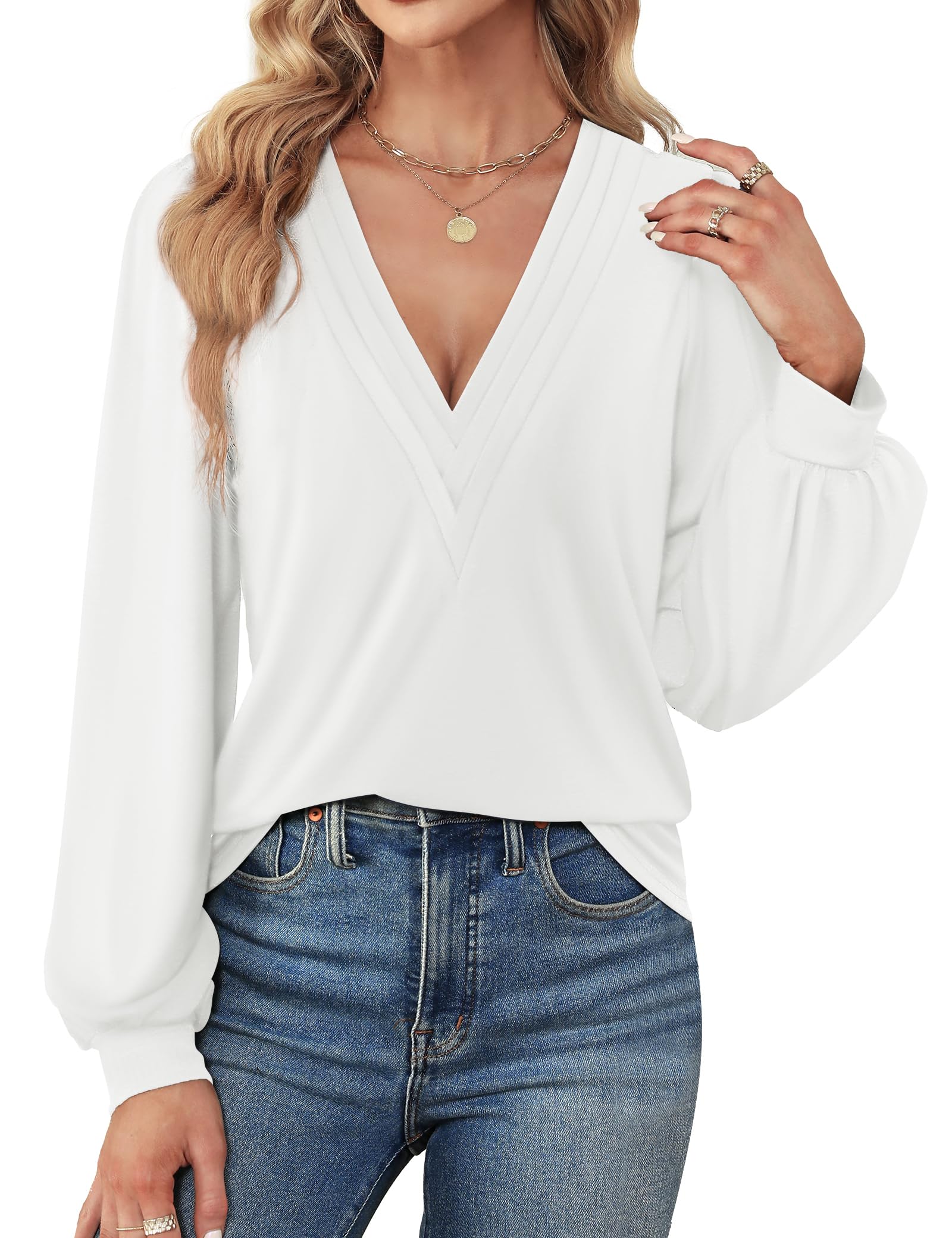 Agnes Urban Womens V Neck Long Sleeve Tops Dressy Casual Fall Shirts Puff Sleeve Loose Tunic Trendy Tops Blouses