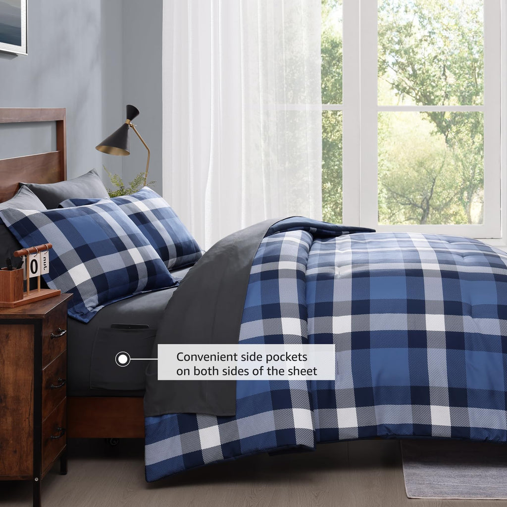MaiRêve Queen Comforter Set, Classic Plaid Farmhouse Bedding Sets 7 Pieces, Beige All Season Bed in A Bag with Sheets, Pillowcases & Shams