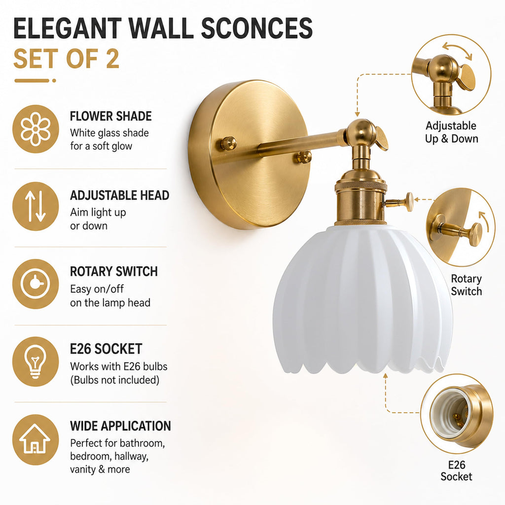 1-Light Gold Brass Bathroom Light Fixture,Wall Sconces set of 2,Brushed Gold Vanlity Light Over Mirror,Bathroom Vanity Light with White Tulip Glass Flower Shade,E26 Socket(Bulbs Not Included)