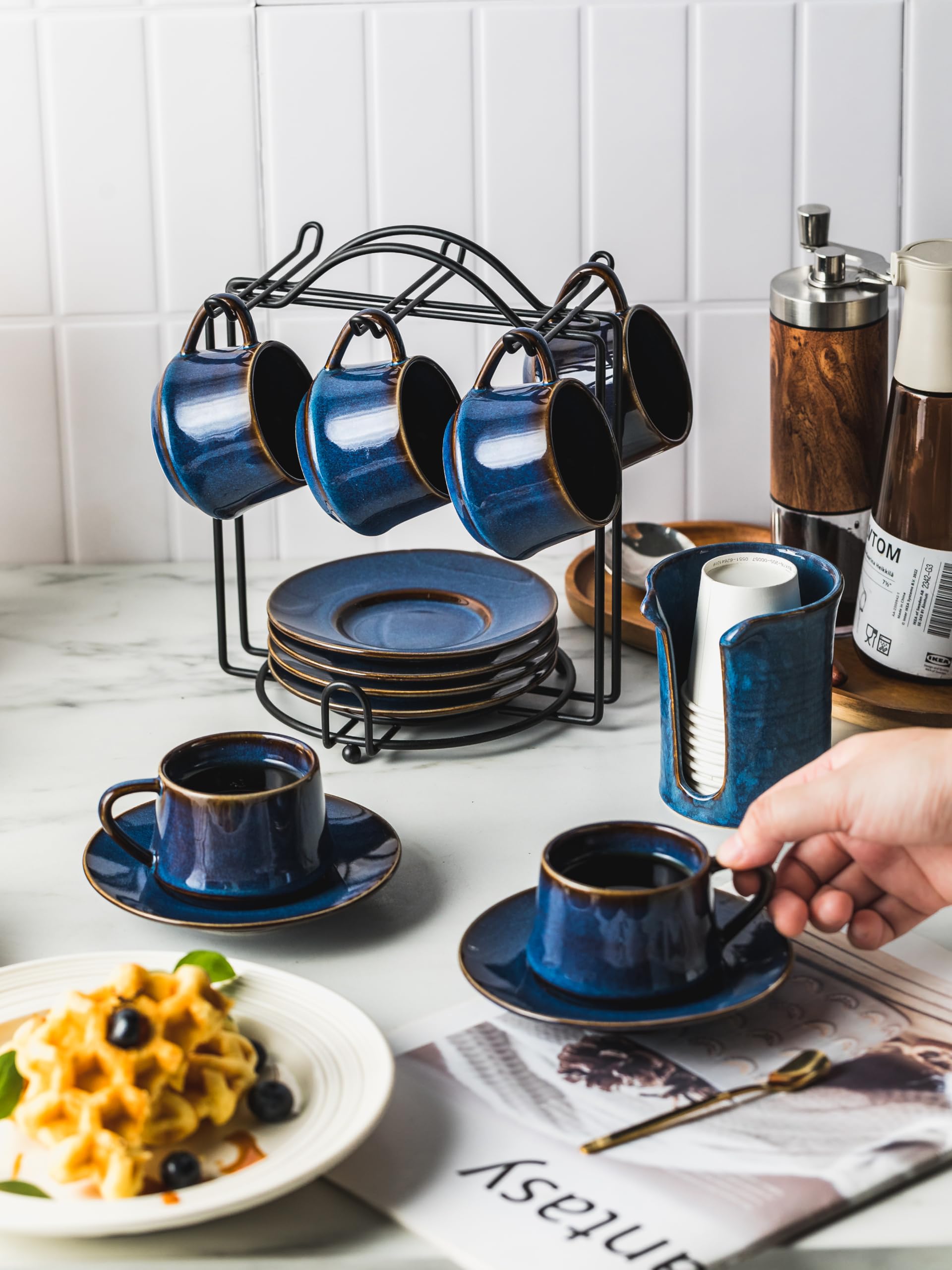 YHOSSEUN Ceramic Espresso Cups Set of 6, 4 OZ Expresso Shots Cup with Stand, Saucers & Spoons, Small Coffee Cup Demitasse Cups for Father's Day, Espresso Accessories for Machine, Black