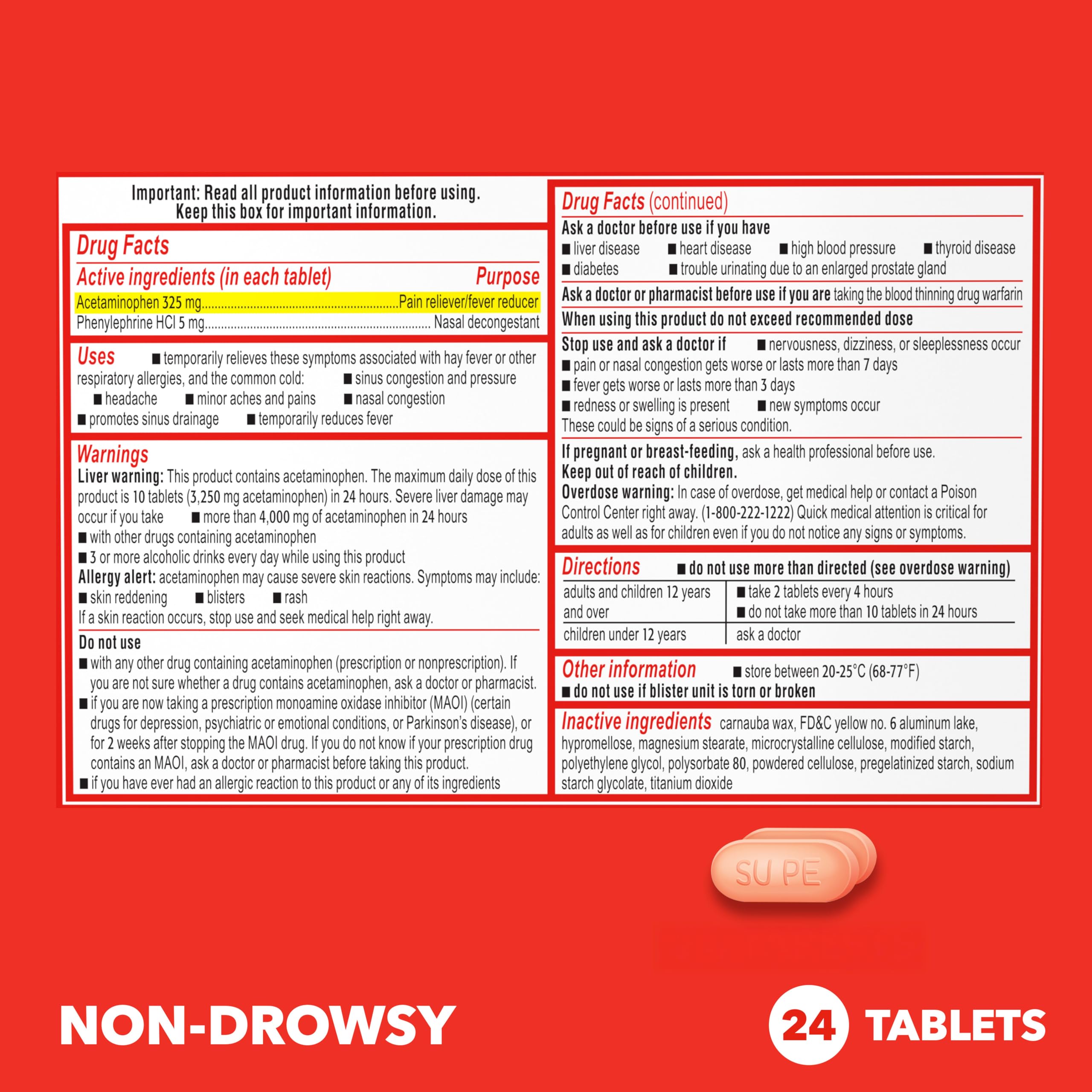Sudafed, PE Sinus Congestion Relief Tablets, Maximum Strength, Non-Drowsy 10 mg Phenylephrine HCI Decongestant for Sinus Pressure and Nasal Congestion Relief from colds or Allergies, 18 Count