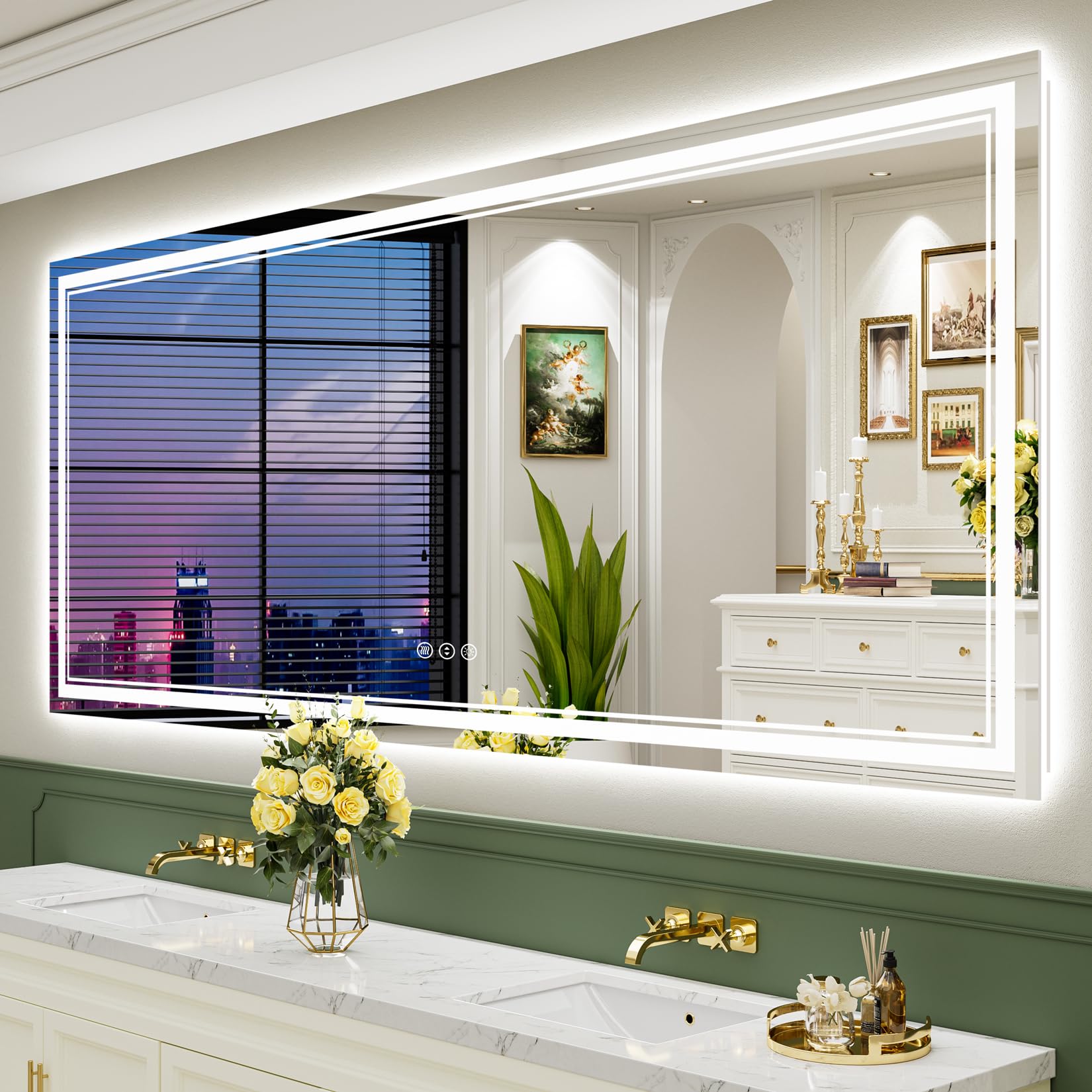 24x32 Black Framed LED Bathroom Mirror with Lights, Backlit and Front Lit Anti-Fog Lighted Vanity Mirrors for Bathroom Wall, Dimmable, 3 Colors, Memory, HD Tempered Glass, Horizontal/Vertical