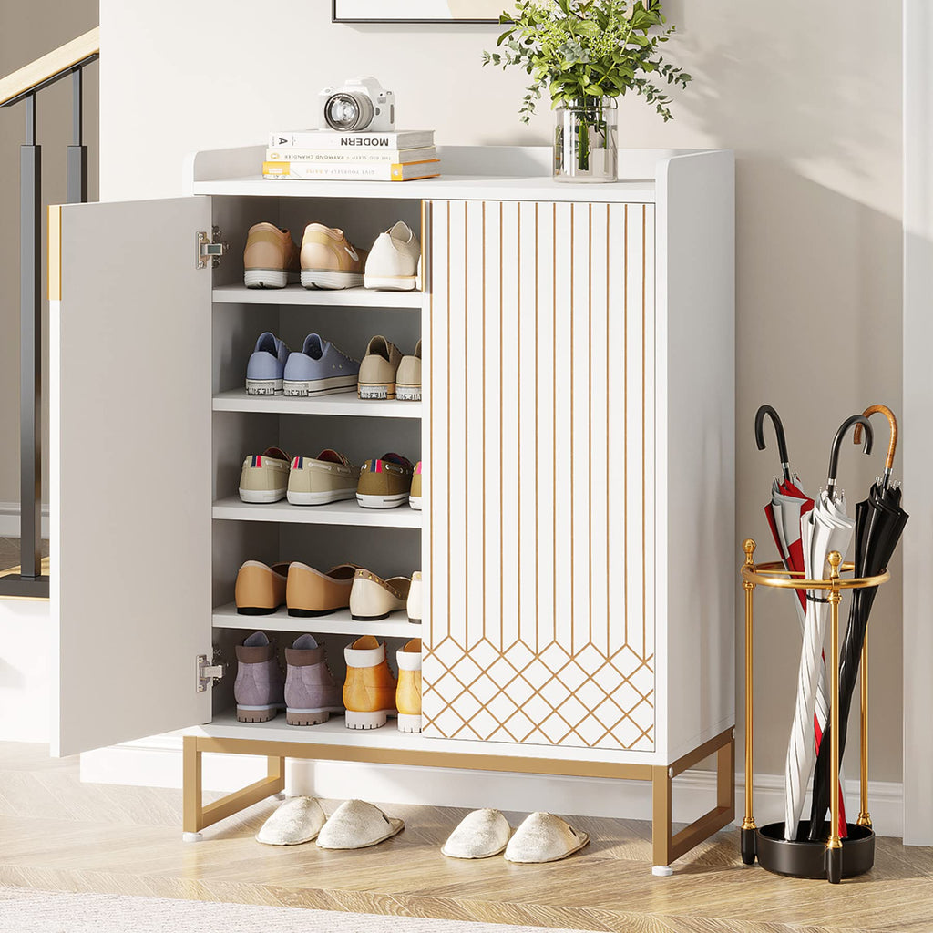 Tribesigns Modern Shoe Cabinet for Entryway, 25 Pairs Shoe Cabinet with Doors, Wood 5-Tier Shoe Organizer, Freestanding Brown Shoe Storage Cabinets with Black Metal Frame for Bedroom Living Room