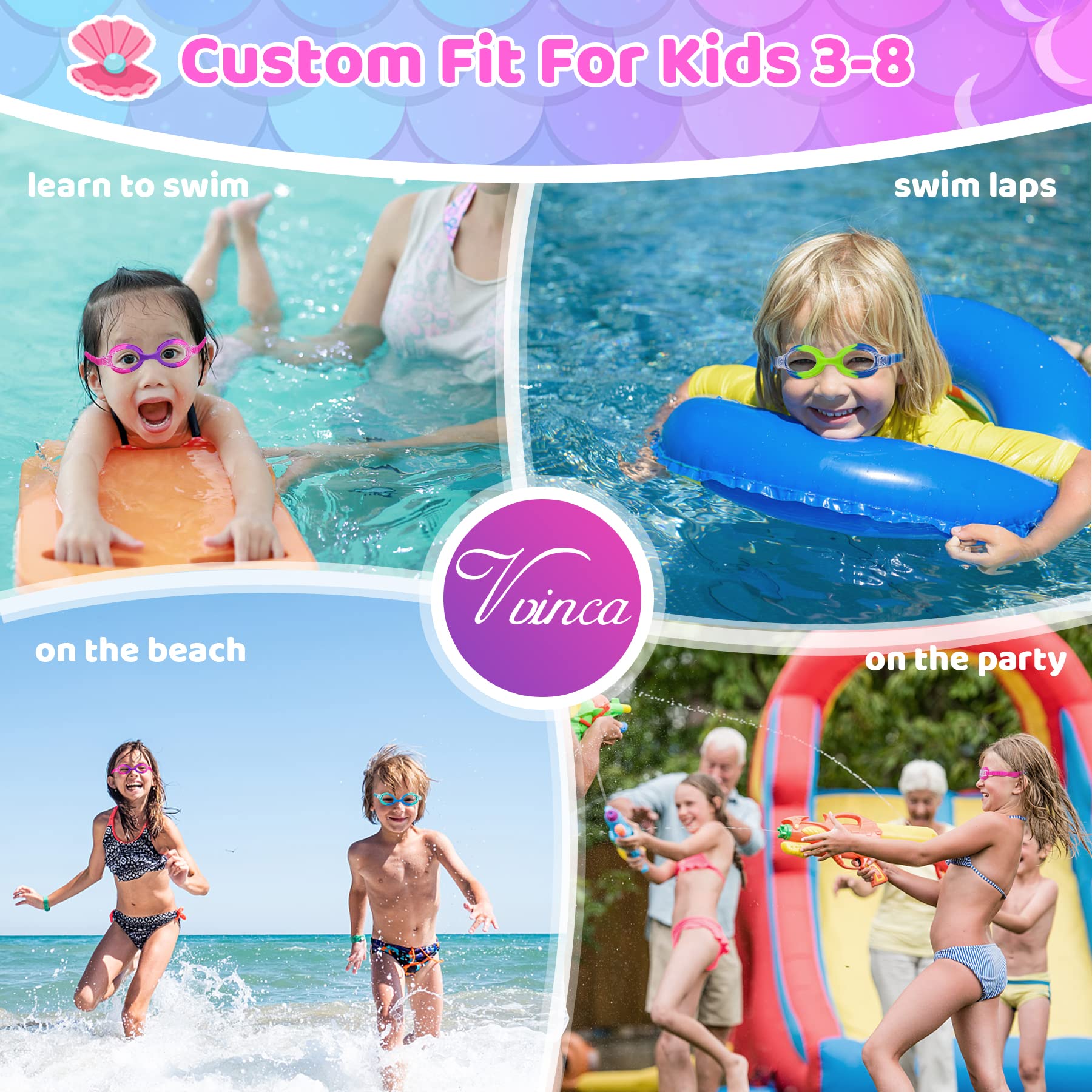 Vvinca Kids Swim Goggles with Fabric Strap No Tangle Pain-Free, Anti-Fog Swimming Pool Goggle No Leak for Toddlers Girls Boys