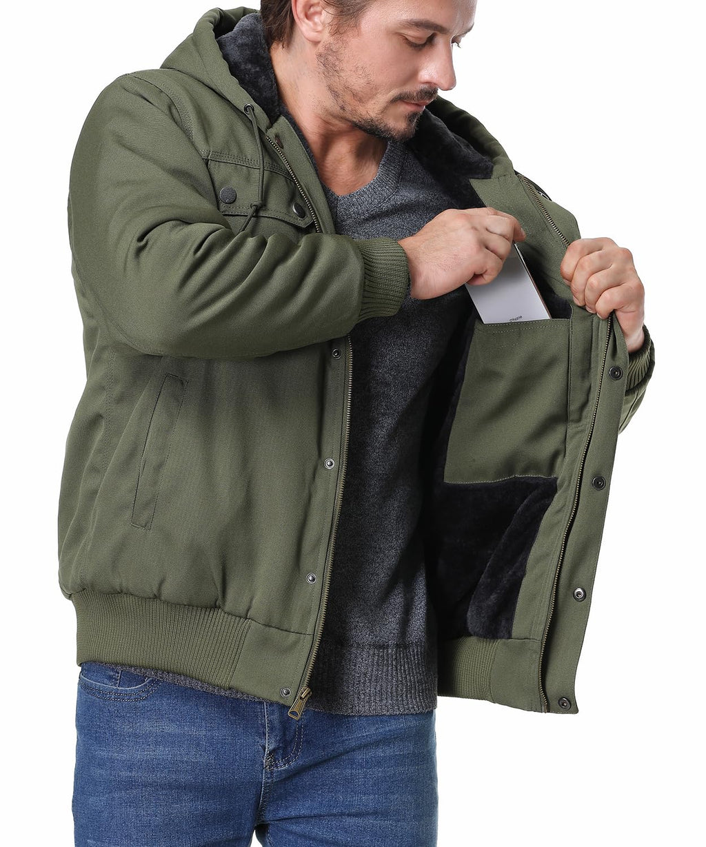 TUAOVA Men's Fit Relaxed Work Coat Fleece Lined Waterproof Workwear Winter Hooded Jacket with Multiple Pockets
