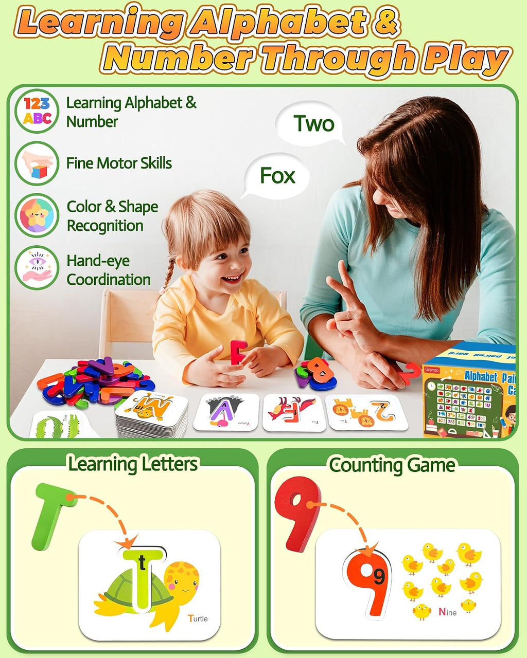 Gojmzo Alphabet Flash Cards, ABC Learning Toys for Kids 3-5, Wooden Letters Number Blocks Sight Words Matching Game, Montessori Educational Toys for 3+ Year Old, Toddler Preschool Learning Activities