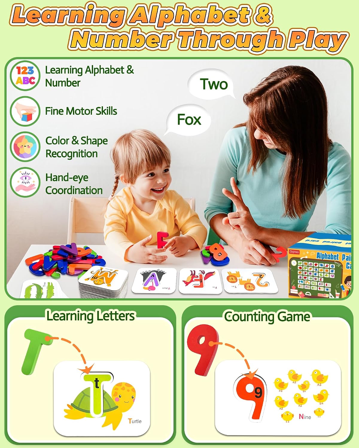 Gojmzo Alphabet Flash Cards, ABC Learning Toys for Kids 3-5, Wooden Letters Number Blocks Sight Words Matching Game, Montessori Educational Toys for 3+ Year Old, Toddler Preschool Learning Activities