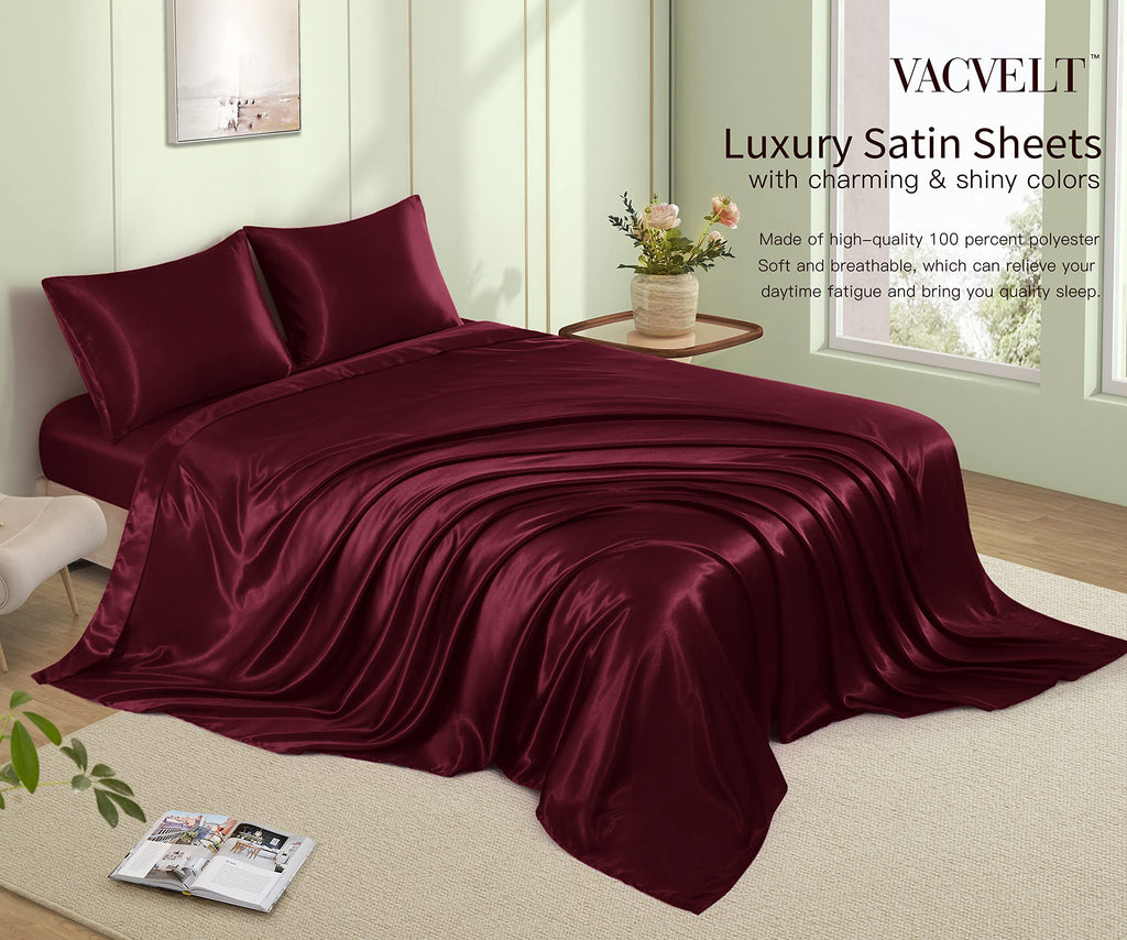 VACVELT 3pcs Beige Satin Sheets Twin Size Bed Set, 15 Inch Deep Pocket Silky Satin Sheet Set, Soft Satin Bedding Set Cooling & Luxury Bed Sheets, 1 Fitted Sheet + 1 Flat Sheet + 1 Pillowcase