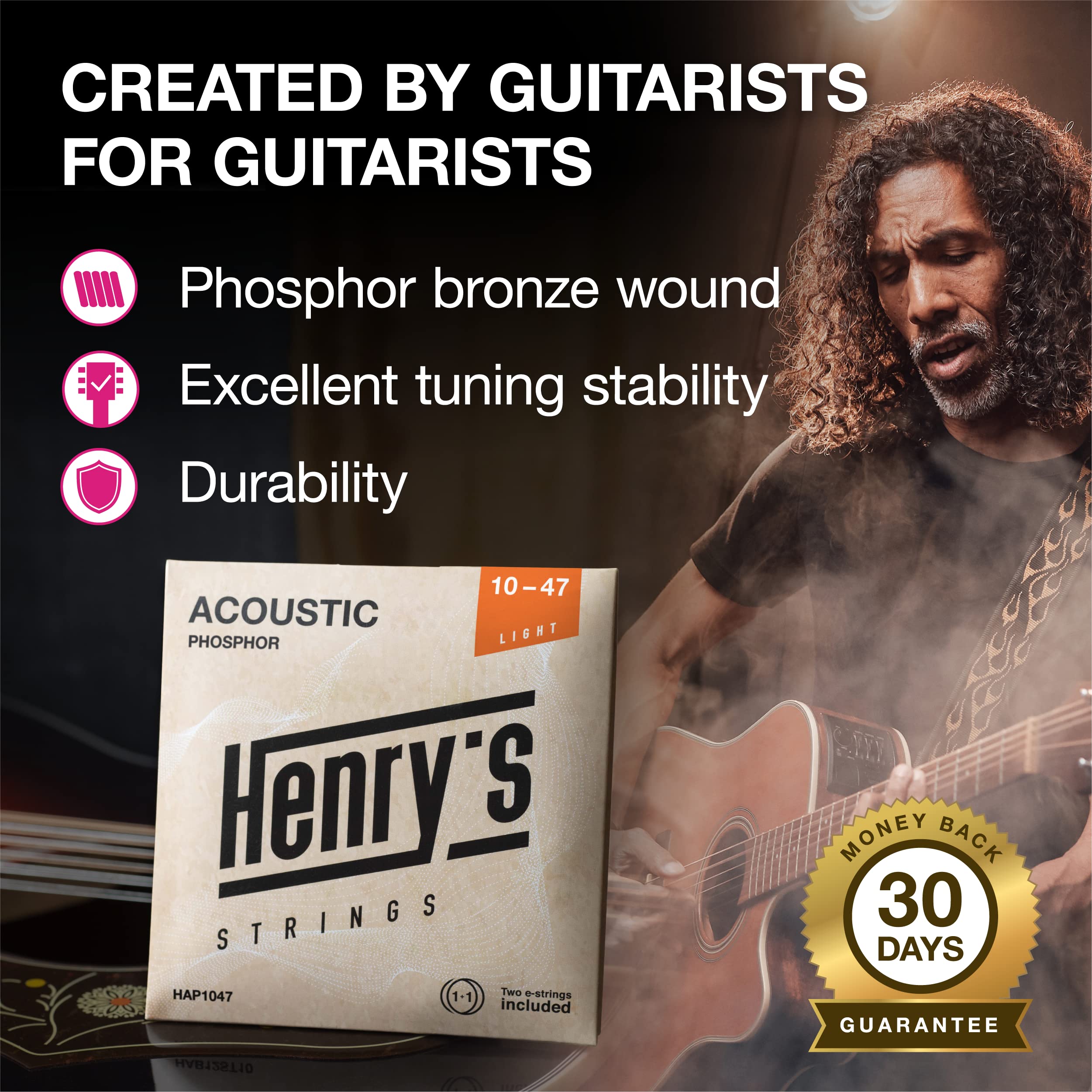 Light Acoustic Guitar Strings 10-47 - Brilliant Sound & Extra E1 String & 3xGuitar Picks - Phosphor Bronze Guitar Strings Acoustic - Acoustic Guitar Strings 6 String Set