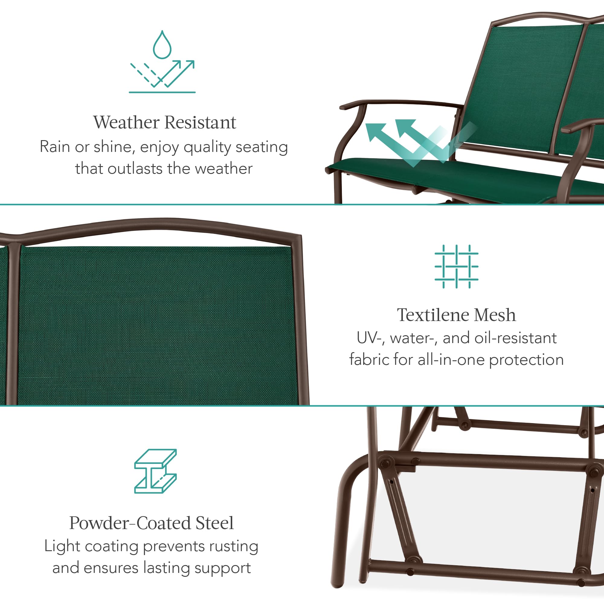 Best Choice Products 2-Person Outdoor Patio Swing Glider Steel Bench Loveseat Rocker for Deck, Porch w/Textilene Fabric, Steel Frame - Black