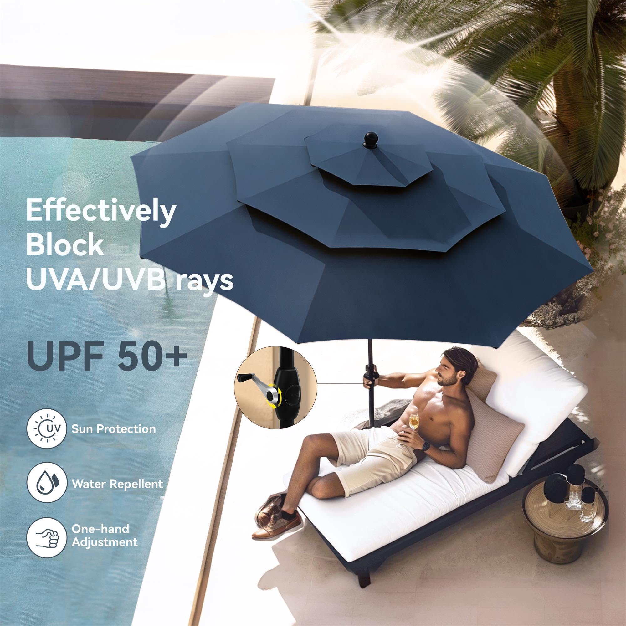 PHI VILLA 10ft Patio Umbrellas, Outdoor 3 Tier Vented Large Market Table Umbrella with 8 Sturdy Ribs and 1.5" Umbrellla Pole for Lawn Poolside Garden Terrace, Beige(No Base)