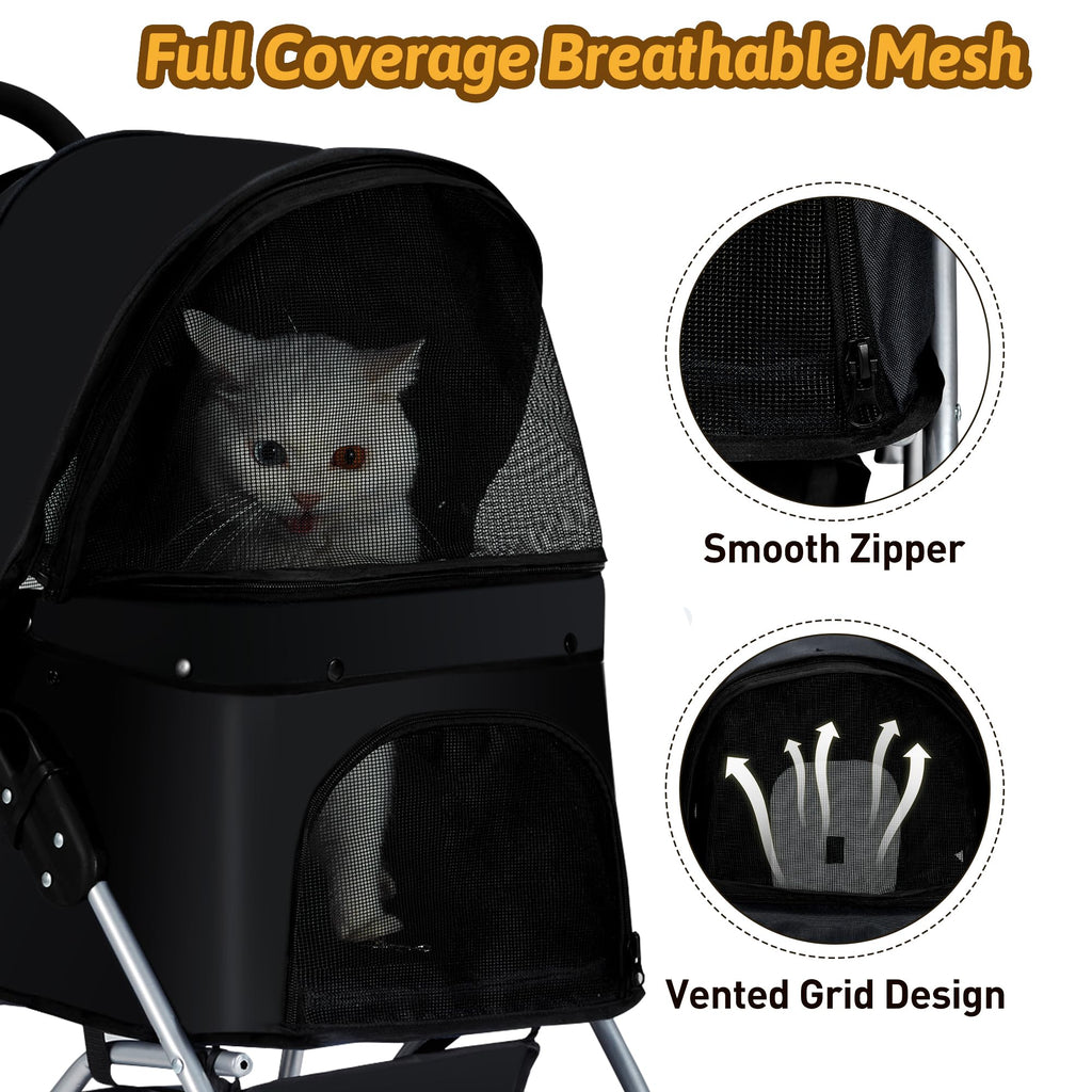 Pet Stroller, 4 Wheels Pet Strolling Cart for Medium/Small Dogs and Cats, Foldable Cat Jogger/Dog Stroller with Cup Holder, Storage Basket, Breathable Mesh, All-Season Pet Carrier, Black