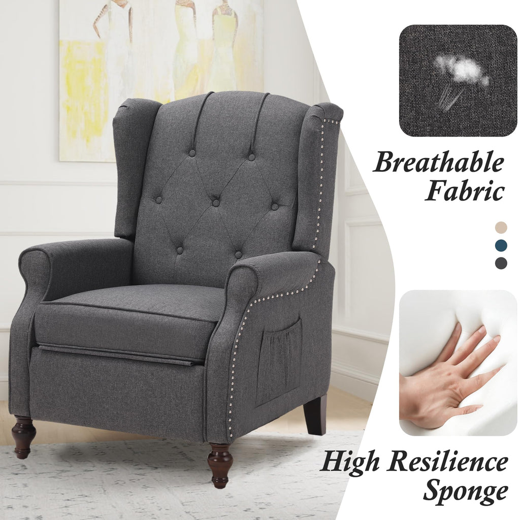Wingback Chair with Massage and Heat, Tufted Fabric Pushback Recliner Chair, Wingback Recliner Chair with Remote Control, Padded Cushion, Wooden Legs, Small Recliners for Small Spaces