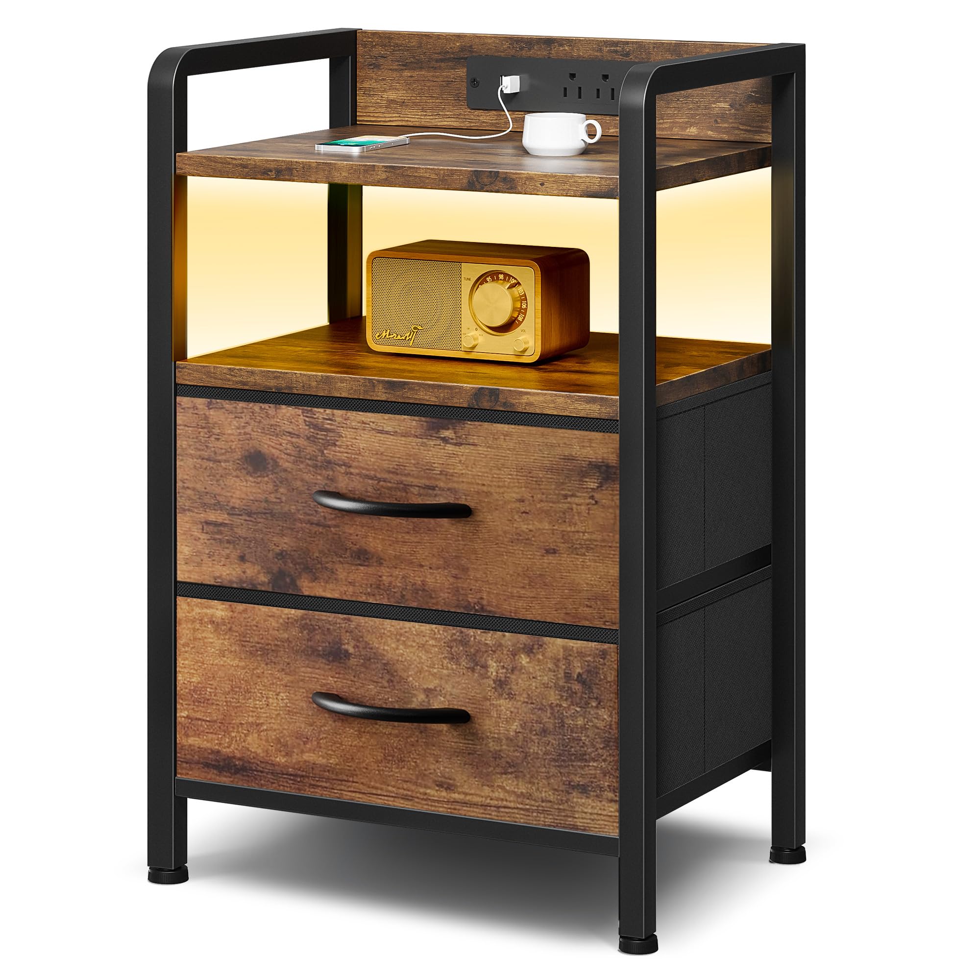 Lazzanto Night Stand Bedside Charger Bedroom - Nightstand with Charging Station & LED Light Strip, Night Stand with Storage Shelf & 2 Fabric Drawers, Morden End Table with U-S-B Ports & AC Outlets