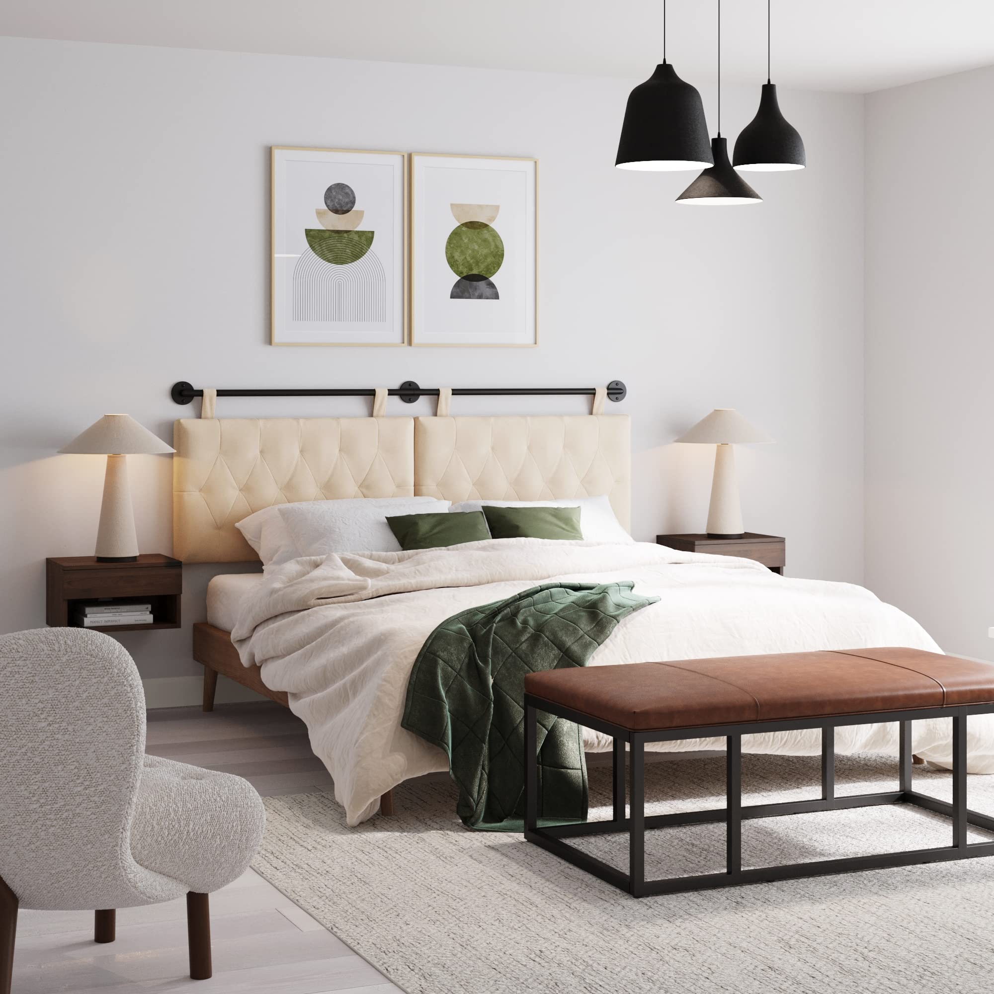 Nathan James Harlow Modern Wall Mount Hanging Headboard, Queen, Brown Faux Leather