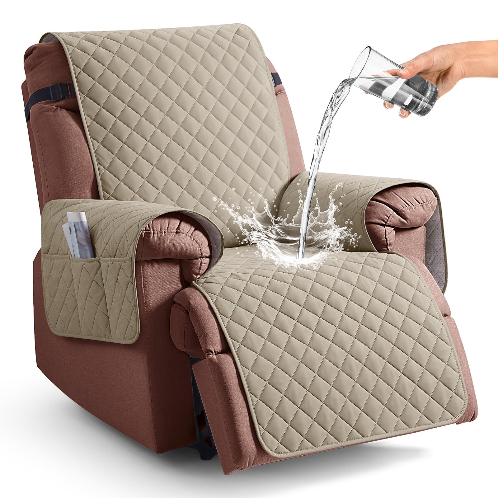 KinCam 100% Waterproof Recliner Chair Cover, Reclining Couch Covers for Pets, Dogs, Recliner Couch Slipcover Furniture Protector with Elastic Straps for Kids(23.6", Beige White)