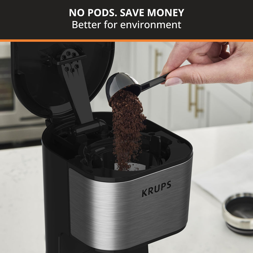 KRUPS Simply Brew Coffee Maker - Multi-Serve 4-in-1 with Stainless Steel Travel Tumbler, Black, 14oz