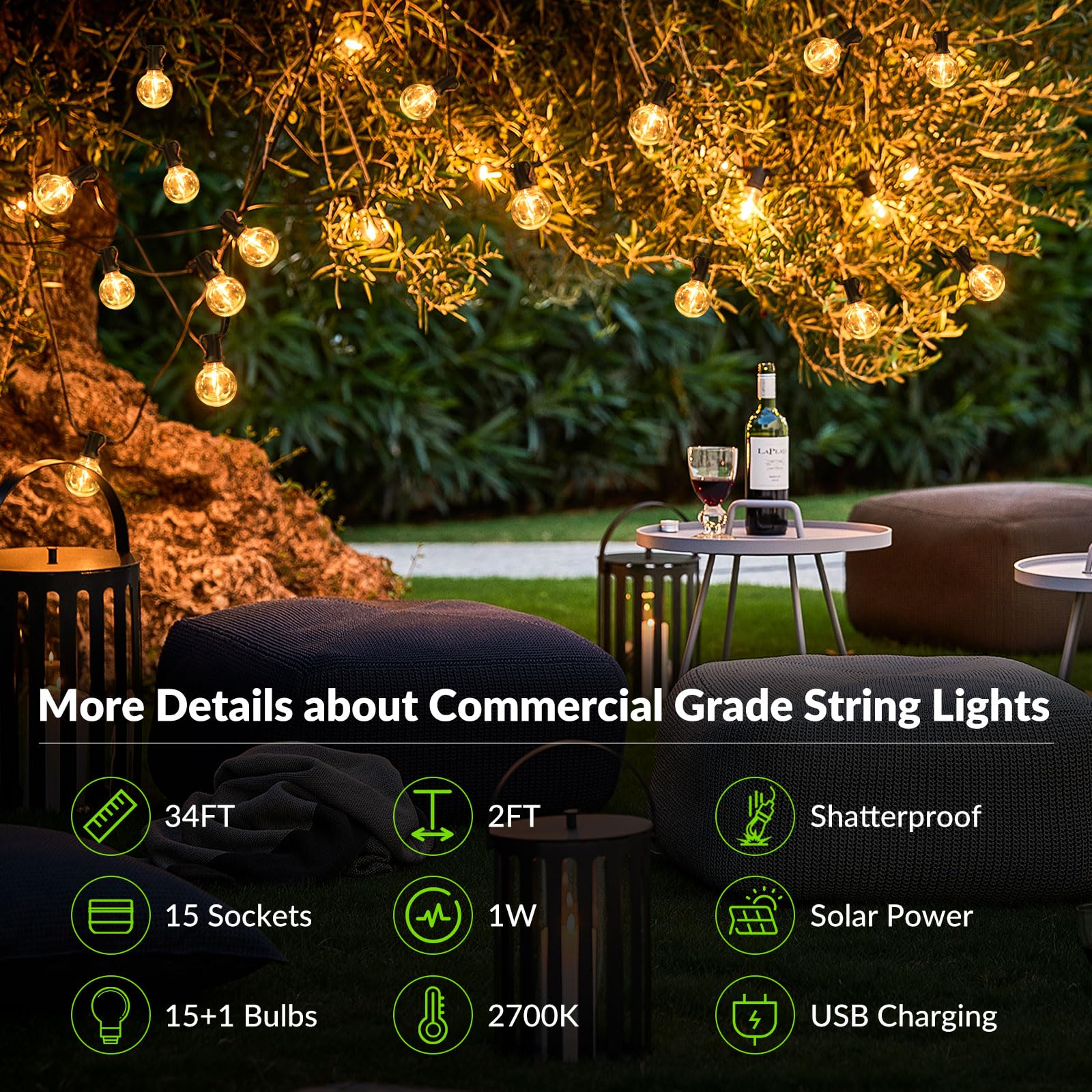 Lakumu 34FT G40 Solar String Lights, Globe Outdoor String Lights with 15 E12 Waterproof LED Bulbs, 2700K Shatterproof Patio Lights, Solar Powered Hanging Lights