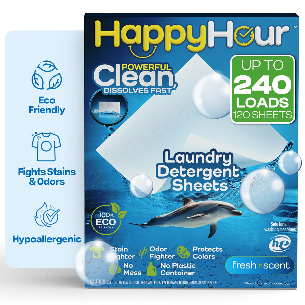 HAPPY HOUR Laundry Detergent Sheets Value Pack with up to 240 Loads, Non Toxic Laundry Sheets Detergent Soap for Sensitive Skin, Recyclable Eco Friendly, Perfect for Travel - Fresh Scent